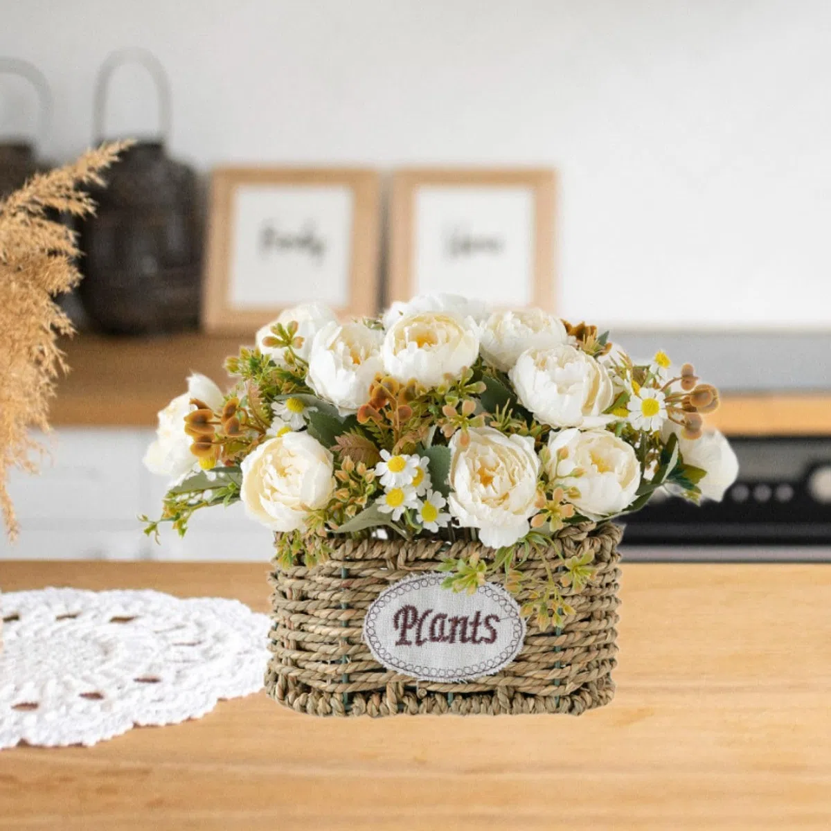 MagiDeal Flores Artificiales con Cesta, Centro de Mesa, Decoración del Hogar, Regalo, Suministros para Fiestas, Adorno, Decoración de Escritorio para Bodas Y O, Blanco