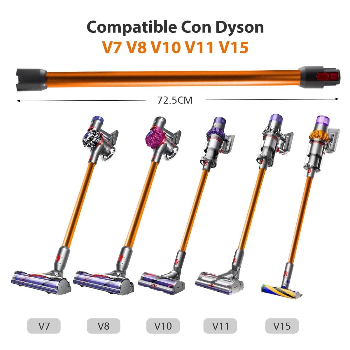 Tubo de Extensión Rígido para Dyson V7 V8 V10 V11 V15, con Conexión Rápida y Dos 2 en 1 Cepillos, Naranja