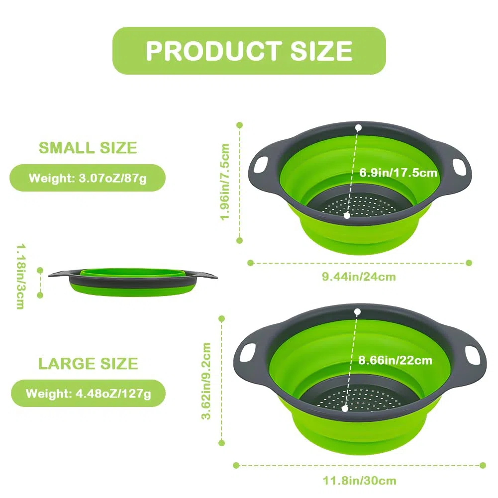 AUAUY 2 Piezas Colador de Cocina, Colador Plegable Redondo de Silicona con Asas, Coladores de Alimentos Ecológico con Orificio Grande para Escurrir Pasta, Verduras, Frutas(1 Grande y 1 Pequeño)