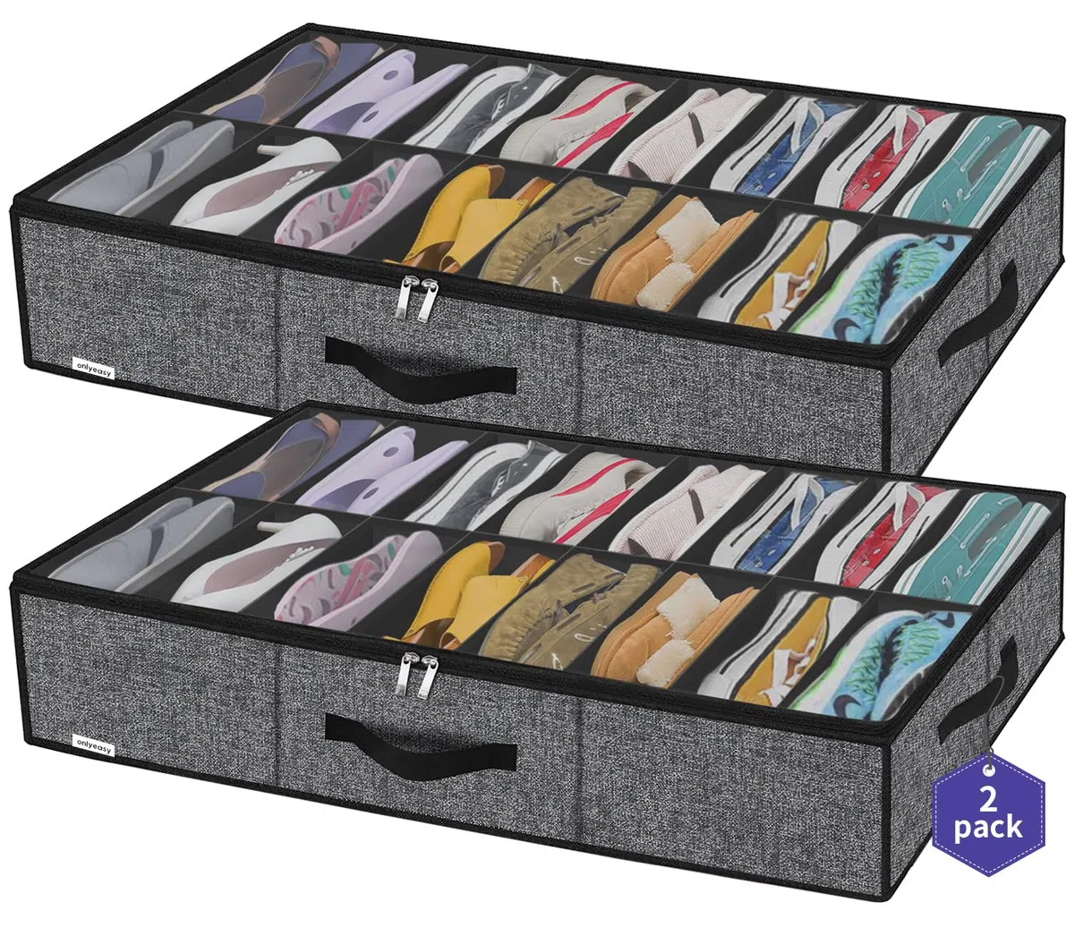 Onlyeasy MXBUBS16P2 - Organizador resistente, almacenamiento zapatos, bajo la cama, asas y ventana transparente, 16-32 pares, plegable, alta calidad, armario, 96 x 60 x 15 cm, negro, similar algodón