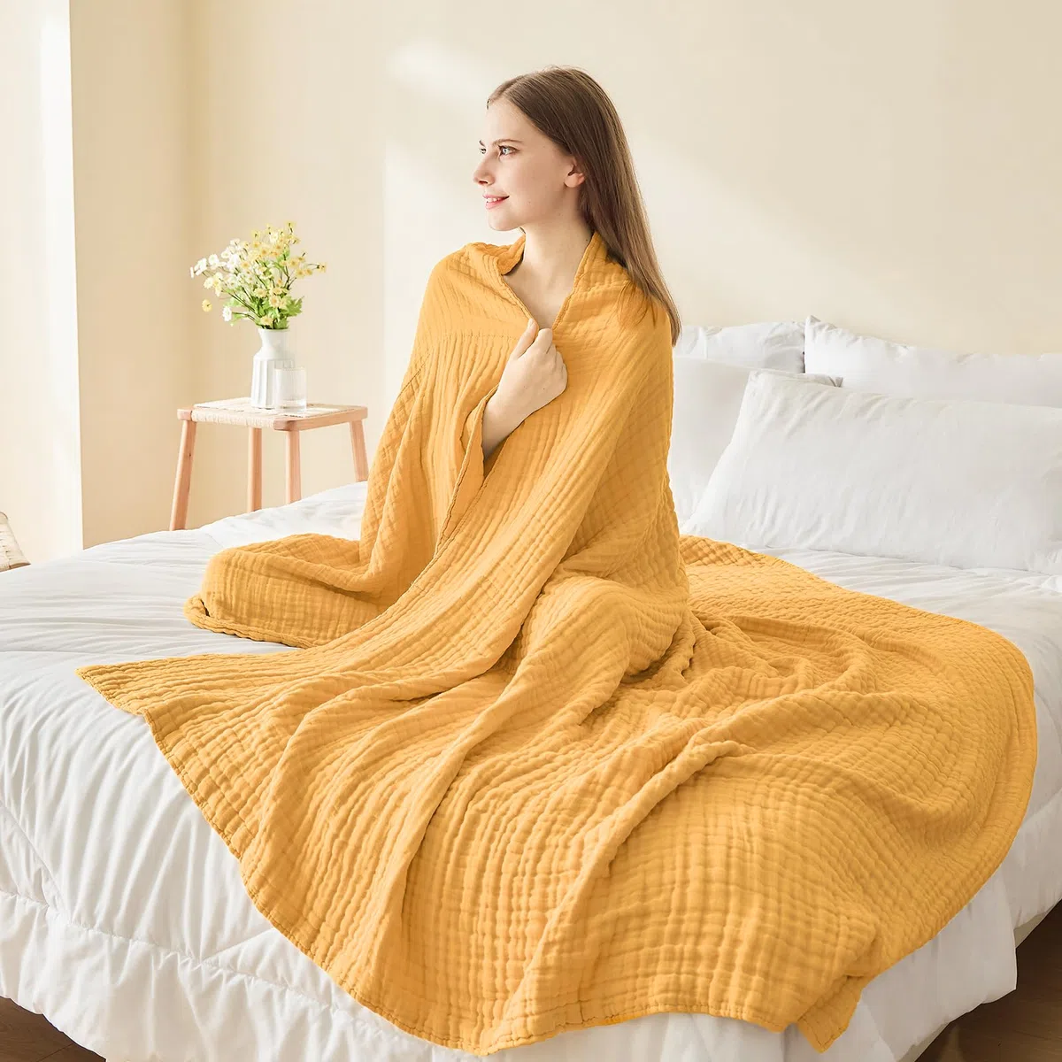EMME Manta de Muselina de algodón tamaño Individual XL, Gasa Transpirable, Suave, Ligera, Regalos para Mujeres (Amarillo Jaspeado, 167 x 228 cm)