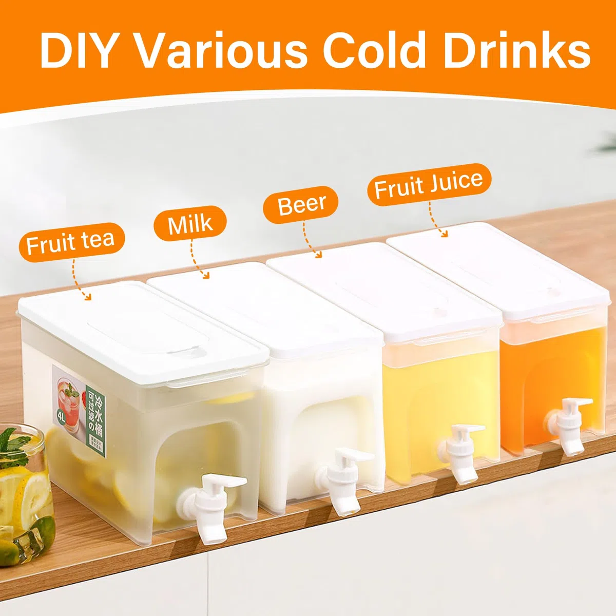Dispensador de agua fría de gran capacidad de 4L con grifos,Dispensador de zumo Dispensador de agua para frigoríficos(con grifo),Diseñado para fiestas, camping, zumos de frutas, bebidas y cócteles