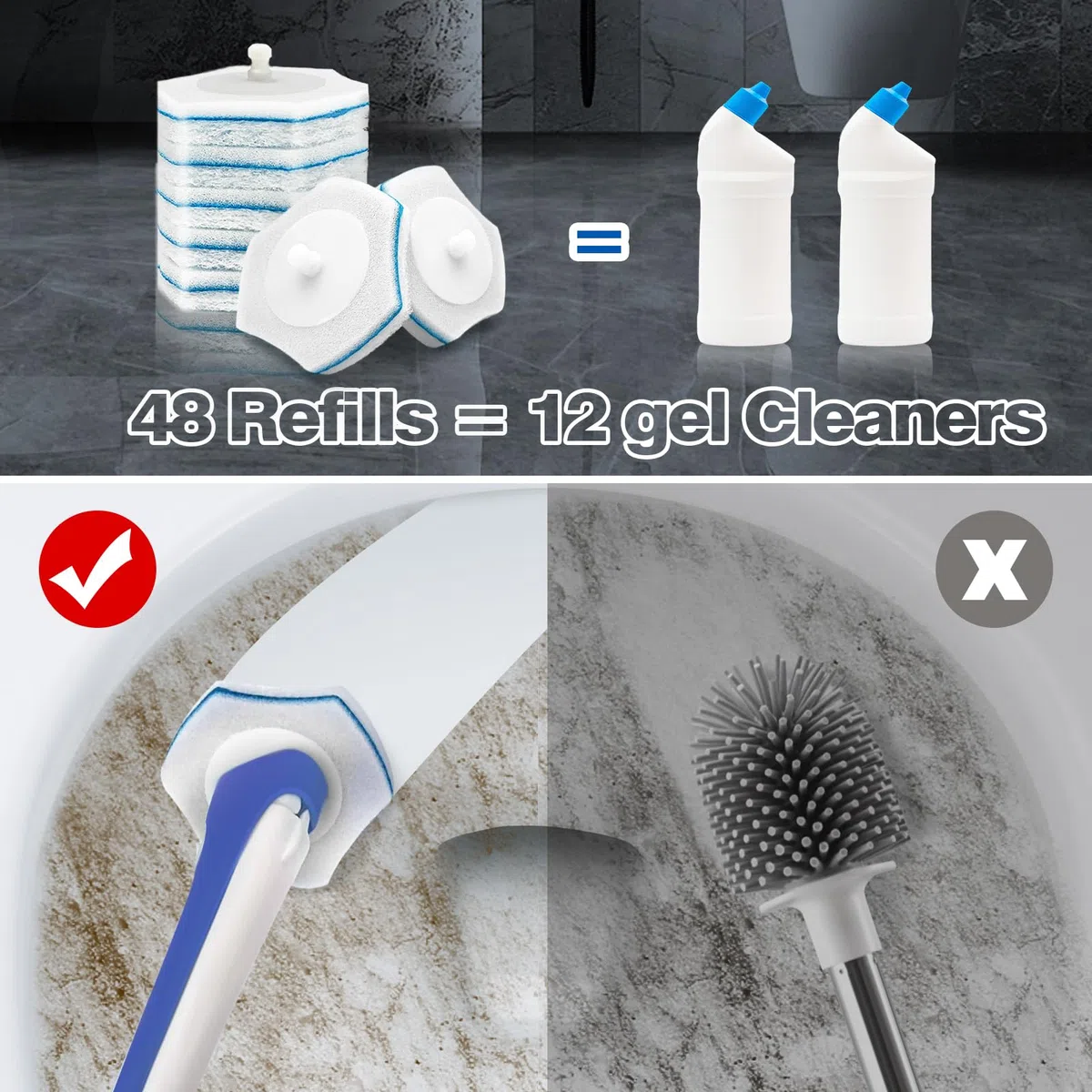JEHONN Escobilla Baño Desechable WC, Cepillo para Inodoro con 48 Rellenos de Detergente, Toilet Brush Mango Largo Montado En La Pared, Adecuado para Piscina Fregona Lavabo (Azul)