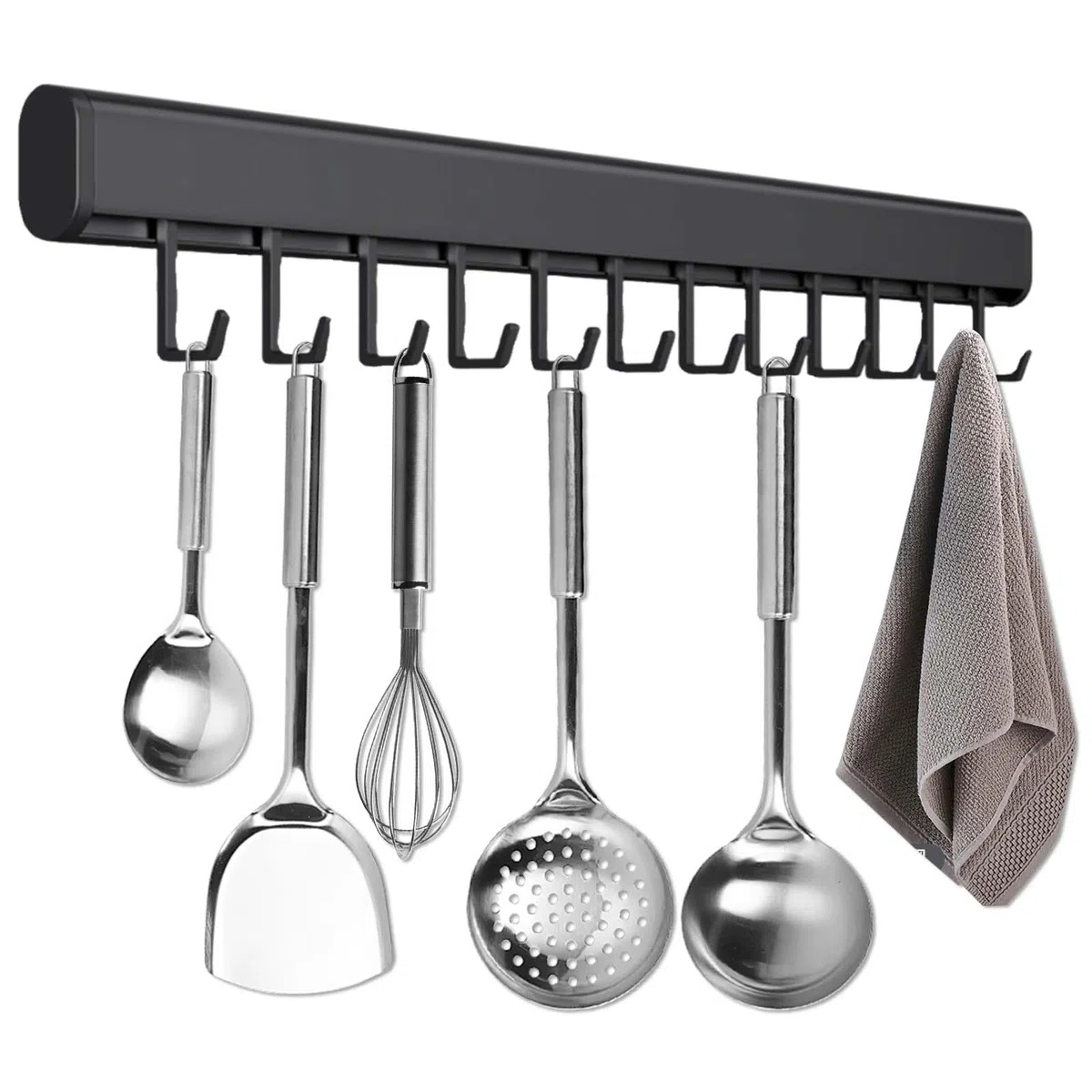 Naapesi Colgador Utensilios Cocina 10 Ganchos, Soporte Utensilios Sin Taladro, Estante Colgante de Cocina, 50CM, Aluminio, Negro, Autoadhesiva, Soporte de Utensilios para Kitchen/Baño/Armario