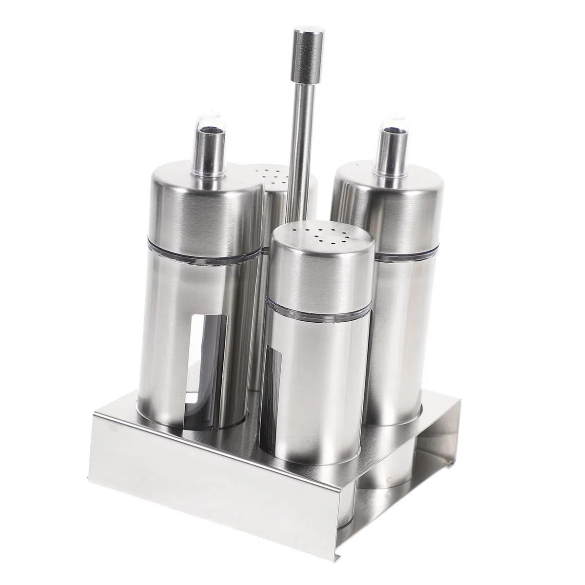 Cabilock Juego de 4 Botellas de Condimentos de Acero Inoxidable Diseño Extraíble y Transparente, Fácil de Verter, Adecuado para Cocina y Hogar en Color Plata