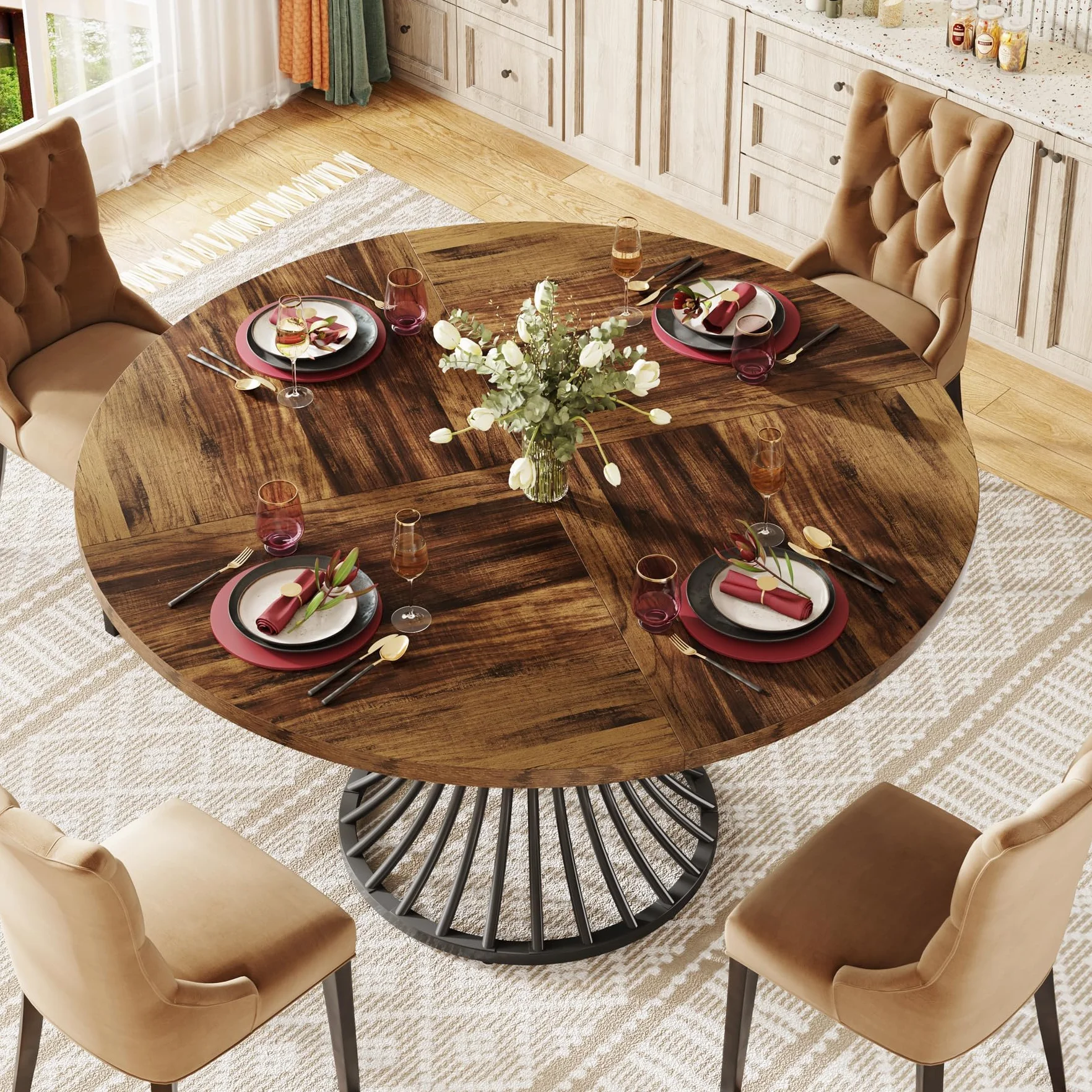 Tribesigns Mesa de Comedor Redonda para 4-6 Personas, 120 cm, Redonda, Mesa de Comedor Industrial con Base de Metal para Cocina, Salón, Color Negro y Marrón