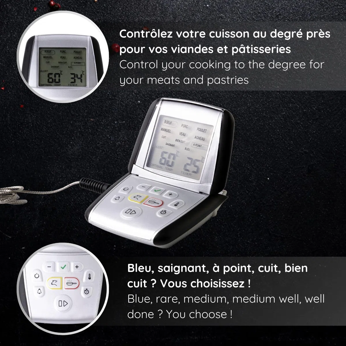 MASTRAD – Termosonda de cocción m classic + – Sus recetas cocinadas a la perfección, temporizador integrado – caja magnética – compatible con horno e inducción – asa 100% silicona – pila LR3 incluida