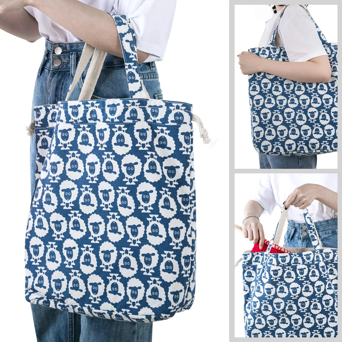 Teamoy Bolsa de Tejer con Cordón, Bolsa de Labores Portátil para Agujas de Tejer, Ovillos de Hilos y Accesorios de Tejido, Multifuncional, Tamaño Ideal,Oveja.