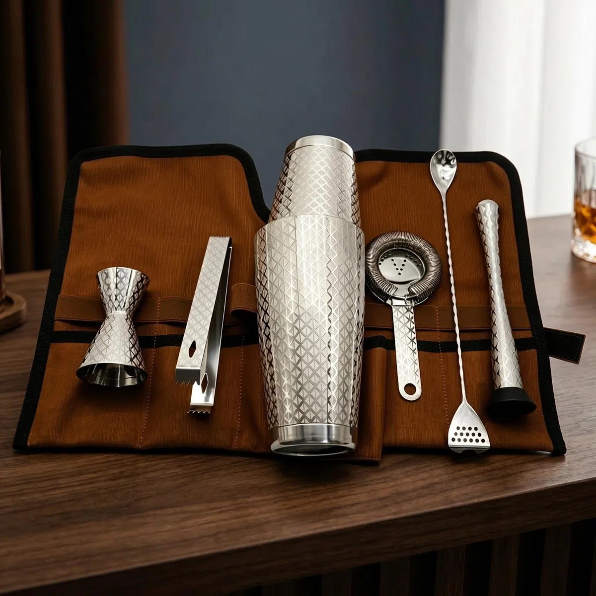 7 Piezas Juego Coctelerí Estuche Enrollable Profesional Kit Barman con Bolsa Lona Compacto Coctelera para Hogar, Juego De Coctelería Boston Grabado Con Patrón De Diamante, Con Base, 7 Piezas
