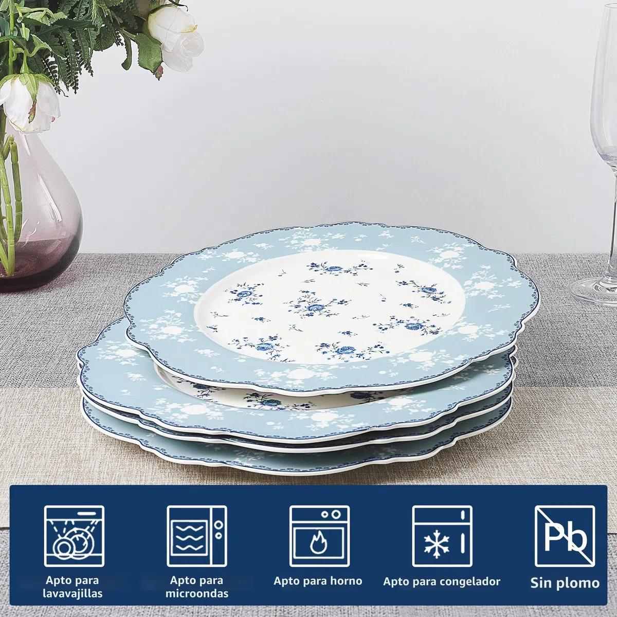 fanquare Juego de 4 Platos Llanos de Porcelana, 27.5cm Platos Grande Florales Azul, Vajilla Vintage Real para Navidad Fiesta, Boda