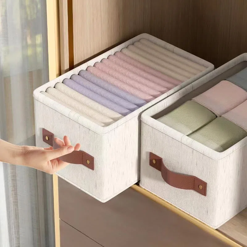 Cajas de Almacenaje Plegables, Juego de 2 Cestas de Tela, Caja de almacenamiento con 2 Asas, Organizador Armario para Dormitorio, Salón, Beige, 31 x 15 x 15 cm