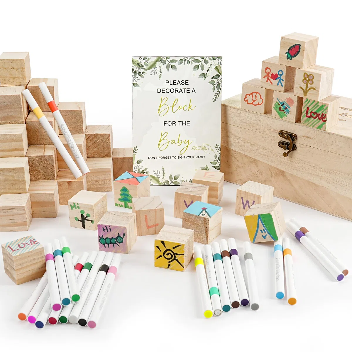 Bloques de Decoración para Actividades,Juego de 75 Letreros,Mini Natural Cubos de Madera con 52 Bloques de Madera,24 Bolígrafos,1 Cartel y una Caja,Niño y Niña