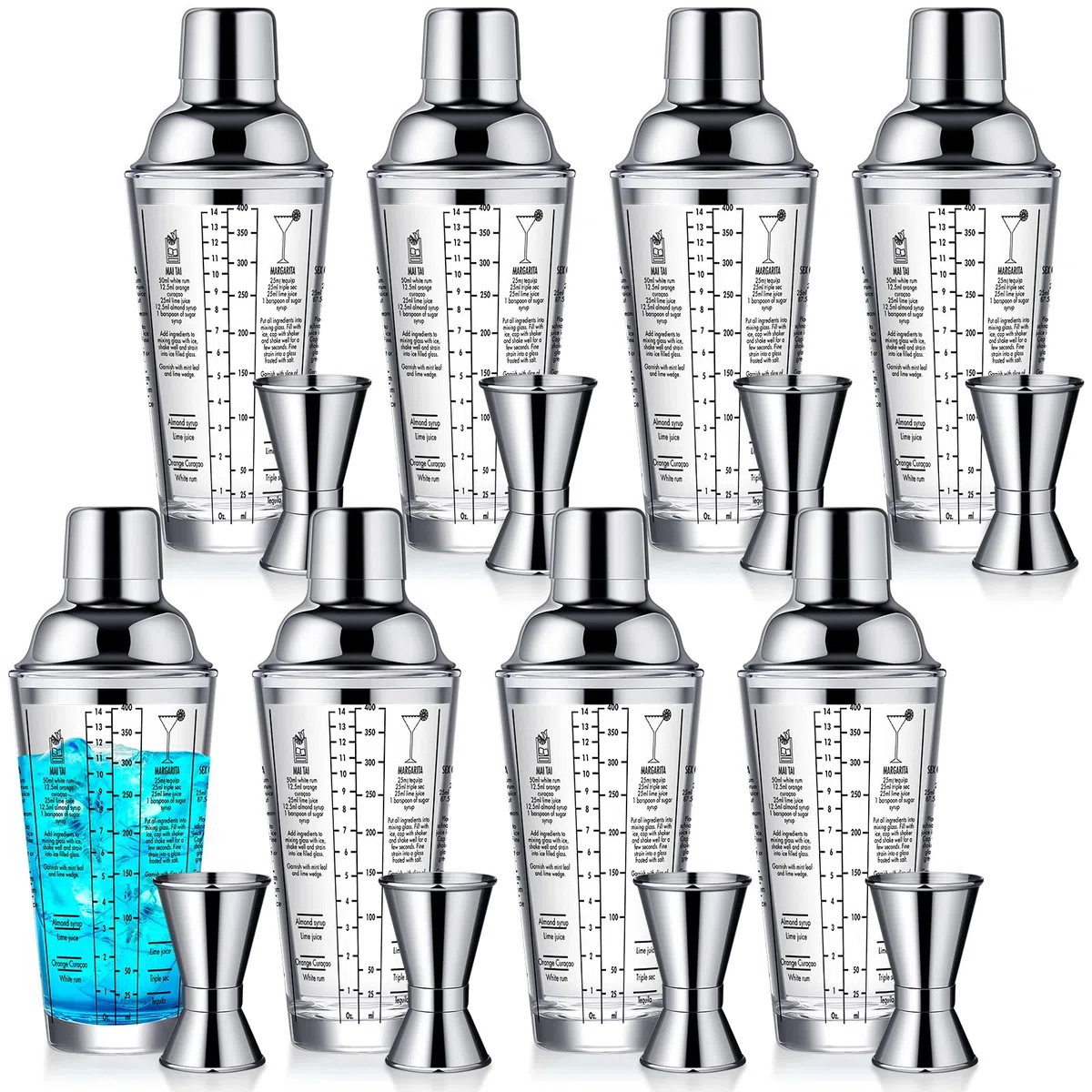 Roshtia Juego de coctelera de vidrio de 16 piezas, coctelera de Martini a granel de 14 onzas, taza mezcladora transparente con medidor de acero inoxidable, juego de mezclador de cóctel, mezcla de