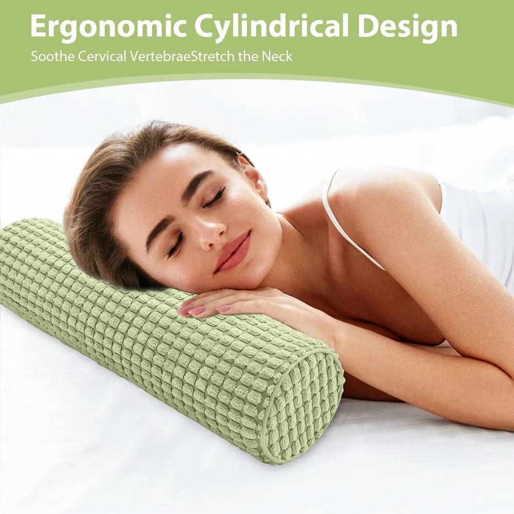 Almohada cervical con funda, cojín cervical de espuma viscoelástica, 11 x 45 cm, cojín cervical ortopédico, lavable, rollo de rodilla, rollo de almacenamiento, color verde