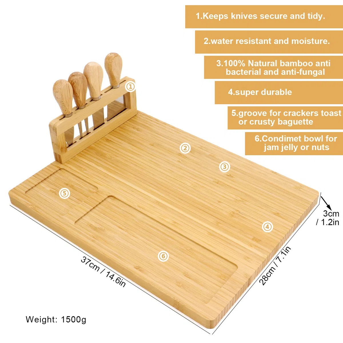 Juego de tabla de queso 100% bambú natural con juego de 4 cuchillos de queso y utensilios para servir para bodas, cumpleaños, aniversarios, Navidad