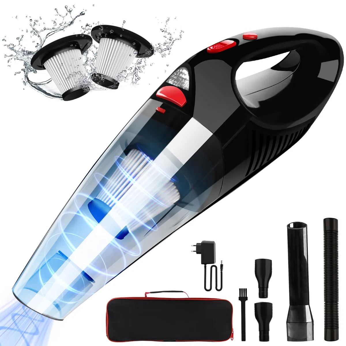 Aspirador de Mano 8500PA 120W Aspiradora Coche Sin Aspirador Potente Carga Rápida HEPA Filtro de Acero Inoxidable con luz LED y Bolsa de Transporte luz LED para Oficina Hogar Cocina Coche