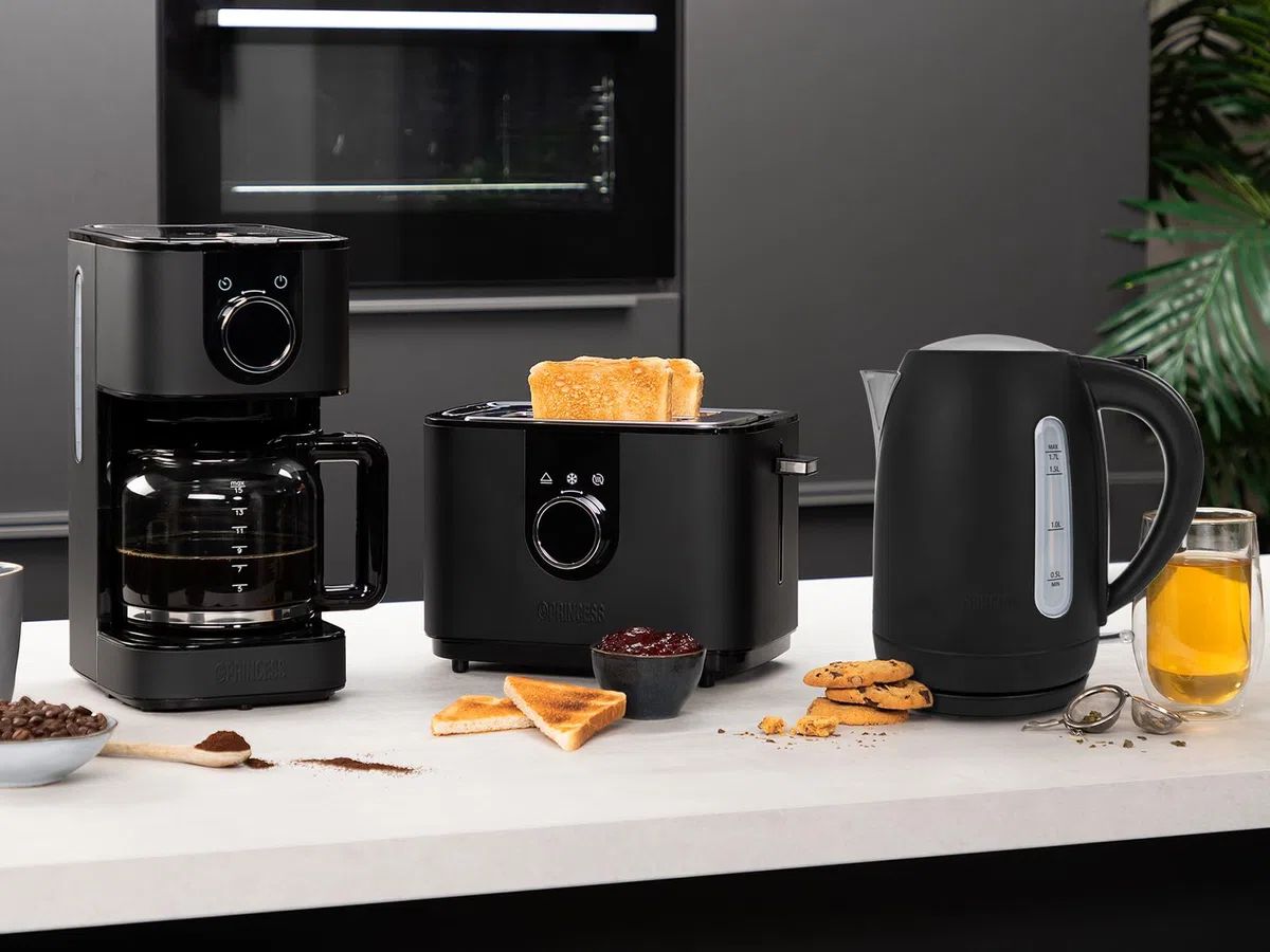 Set de desayuno de acero inoxidable en negro – Cafetera de filtro, hervidor de agua y tostadora