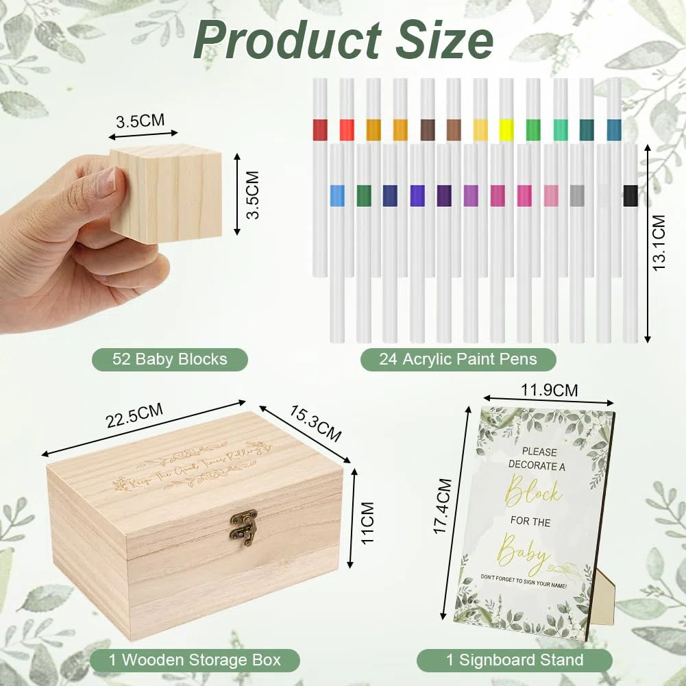 Bloques de Decoración para Actividades,Juego de 75 Letreros,Mini Natural Cubos de Madera con 52 Bloques de Madera,24 Bolígrafos,1 Cartel y una Caja,Niño y Niña