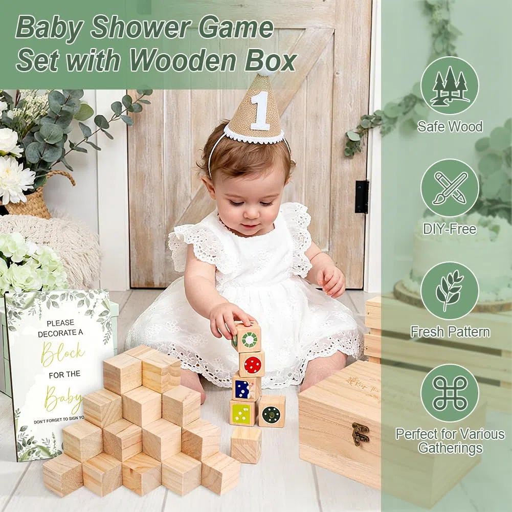 Bloques de Decoración para Actividades,Juego de 75 Letreros,Mini Natural Cubos de Madera con 52 Bloques de Madera,24 Bolígrafos,1 Cartel y una Caja,Niño y Niña