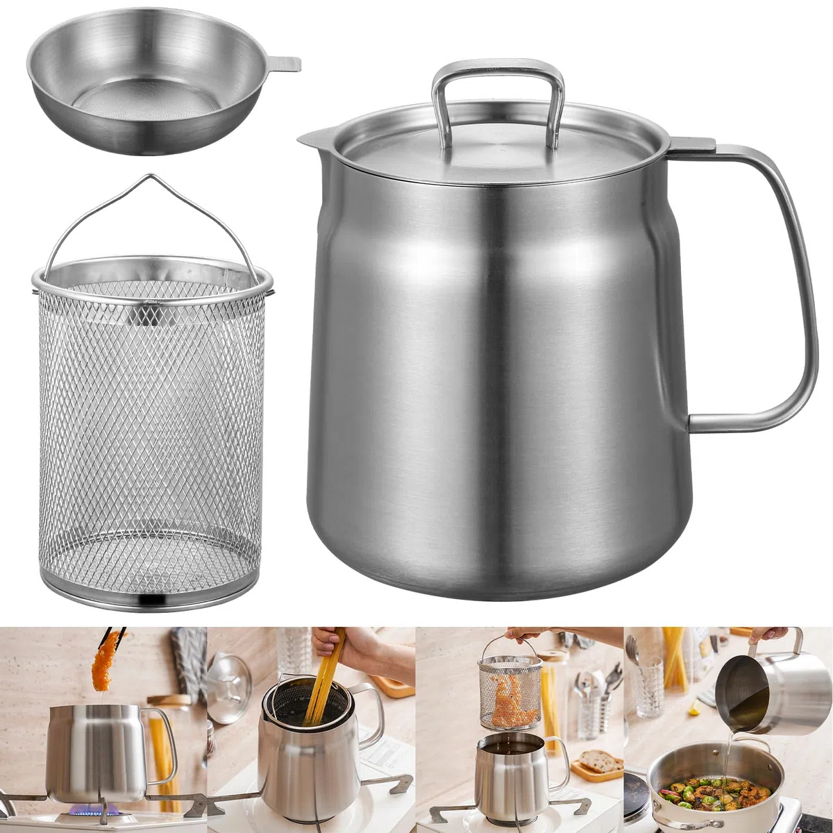 Recipiente para Grasa Recipiente de Acero Inoxidable para Grasa de Tocino, 2 Litros de Aceite con Filtro de Malla Fina Engrasadores de Acero Inoxidable con Cesta