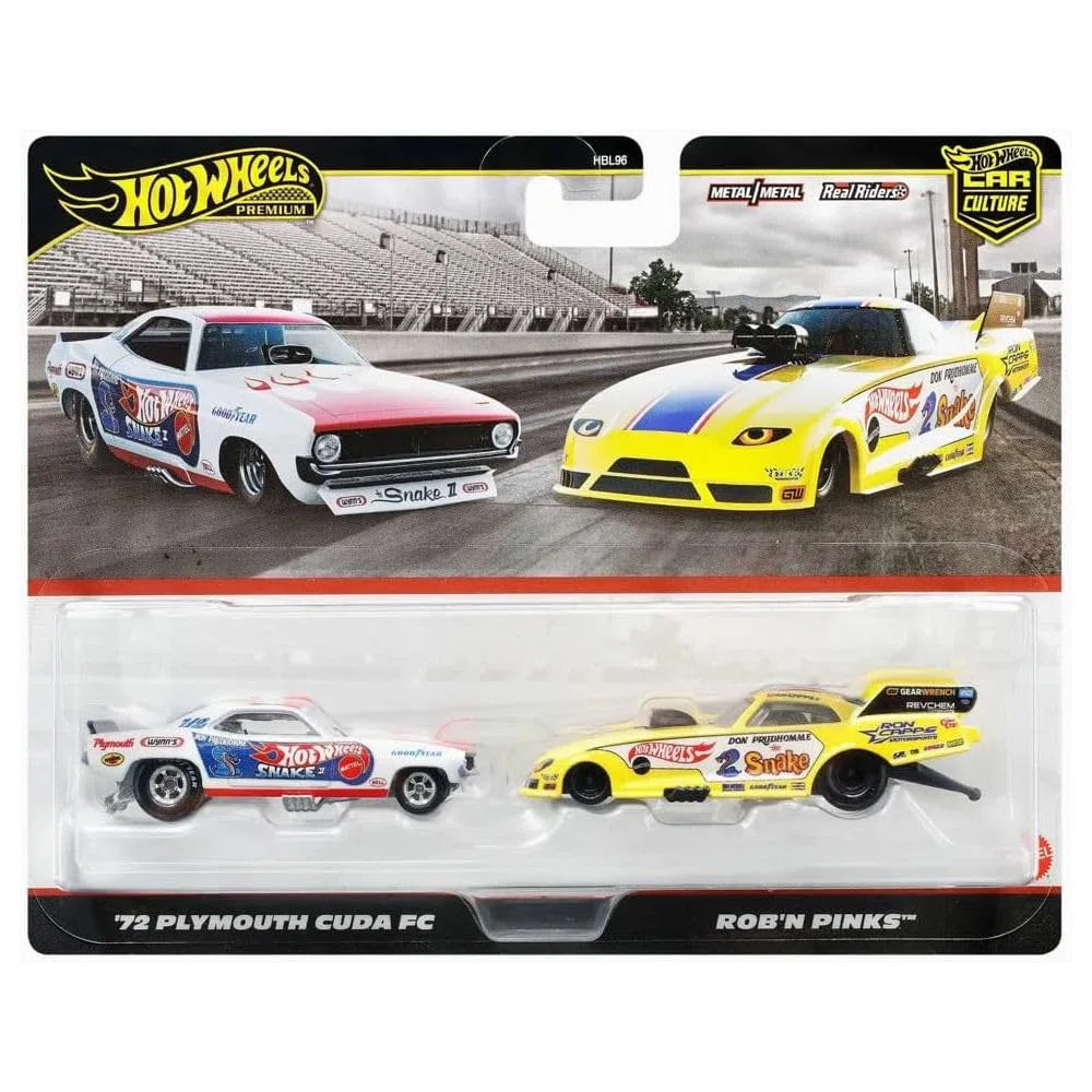 Hot Wheels JBL01 Premium - Juego de 2 Mini Coches 72 Plymouth Cuda FC/Rob N, Color Rosa
