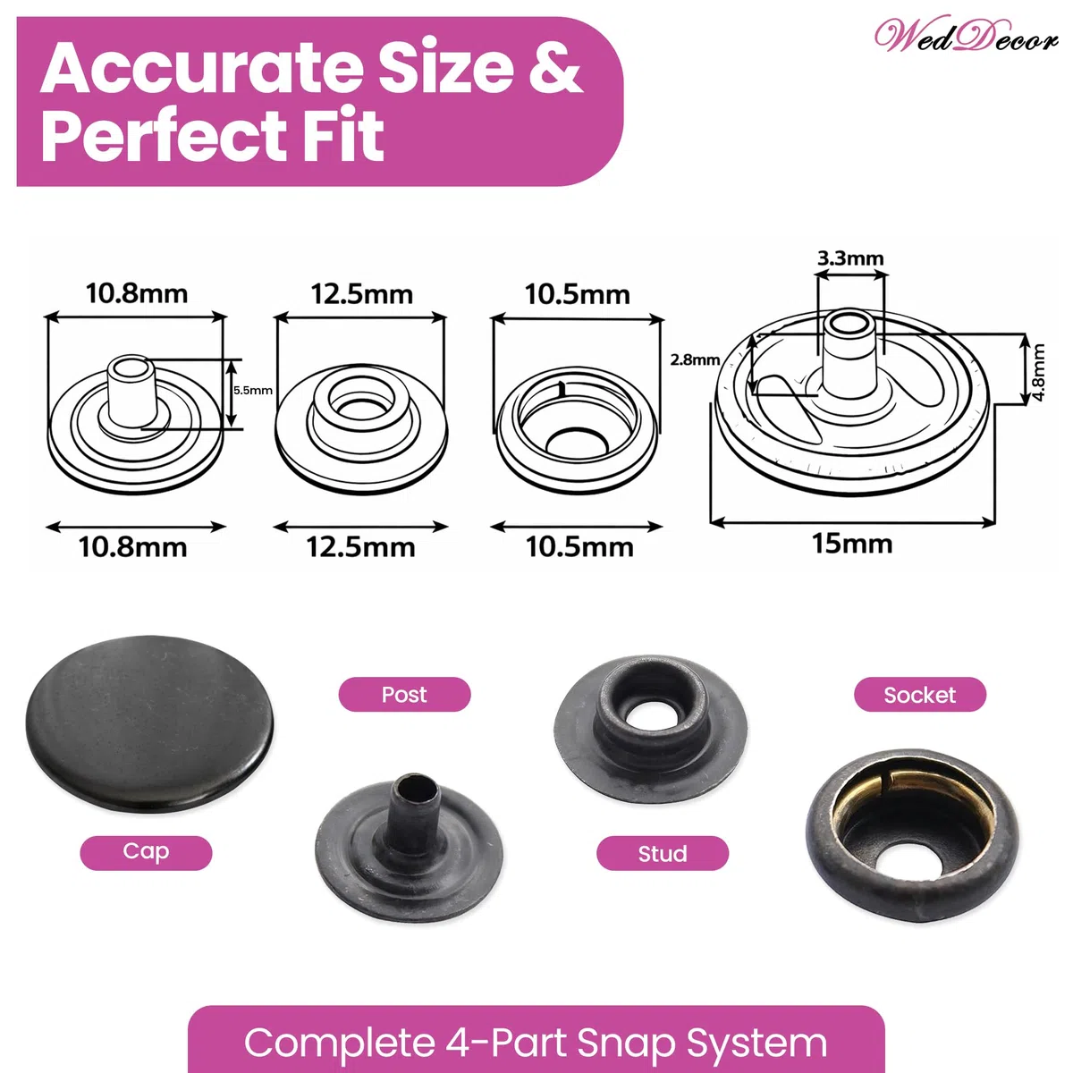 WedDecor - Prensa de clavos de metal resistente sin níquel (4 partes, botones a presión, remaches de botón, para cuero de ocio creativo, chaquetas, bolsos, correas, vaqueros, ropa de reparación,