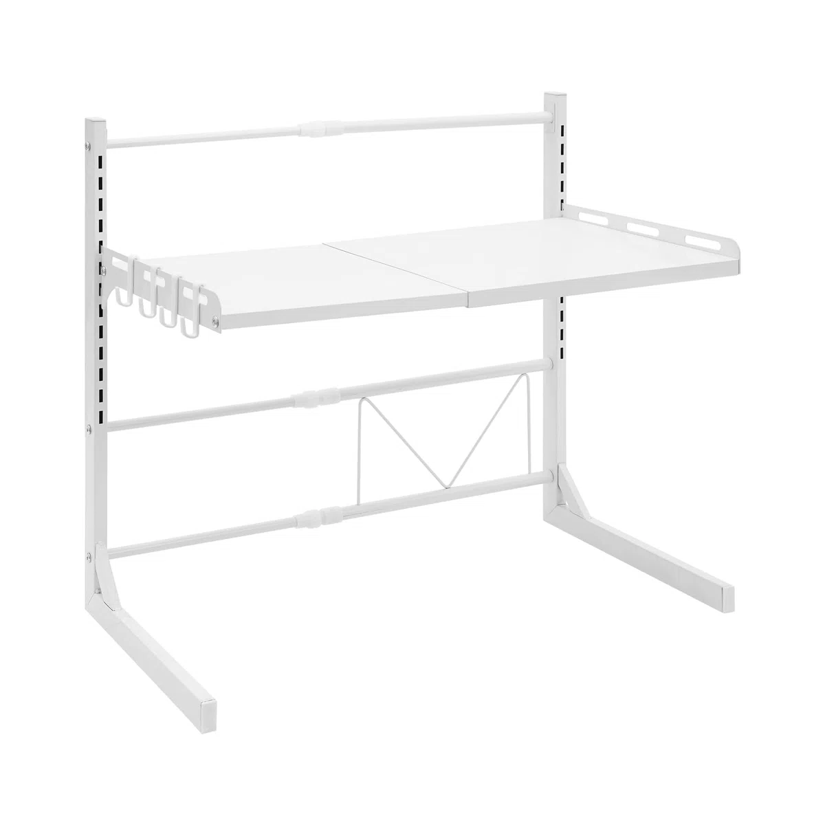 Estantería extensible para microondas de 2 niveles, ajustable, de acero al carbono, estantería de metal con 4 ganchos, soporte para microondas, estante para especias de pie, estante para horno