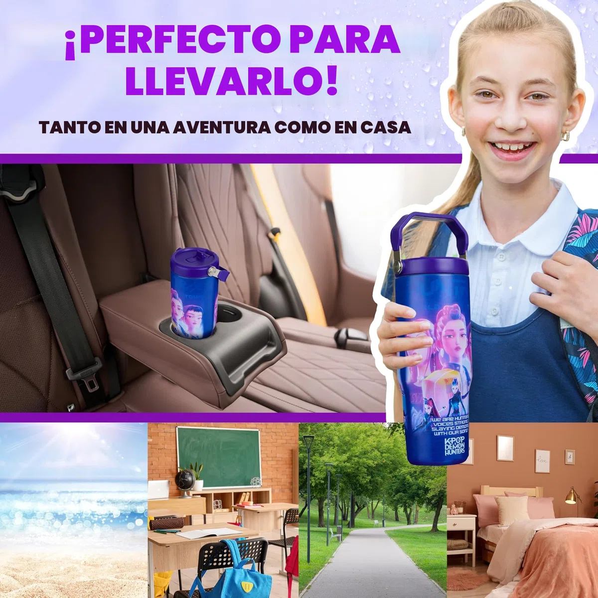 KPop Demon Hunters Oficial Vaso Termico Pajita y Asa 850ml, Taza Acero Inoxidable Reutilizable