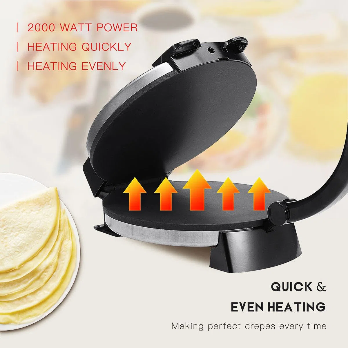 Crepera De 12 Pulgadas, Máquina para Hacer Panqueques Antiadherente De 1800 W: FabricacióN Pita,CalefaccióN De Doble Cara + Indicador Led, Haga Chapati/Tortilla FáCilmente