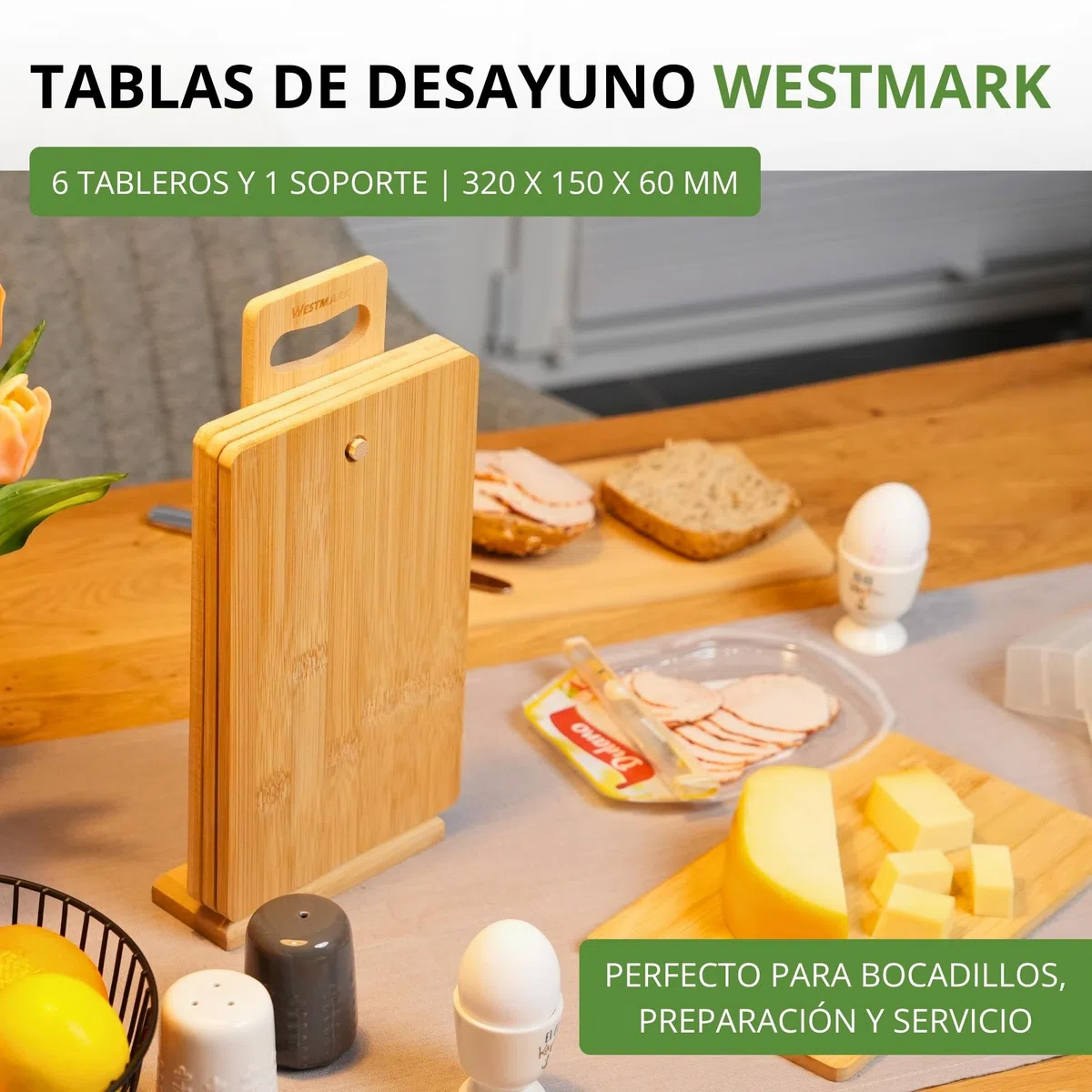 Westmark Tablas de desayuno – 6 tablas de pan incl. soporte, tablas para el desayuno y la cena, también ideales como tablas de cortar o platos para servir – bambú, 7 uds.
