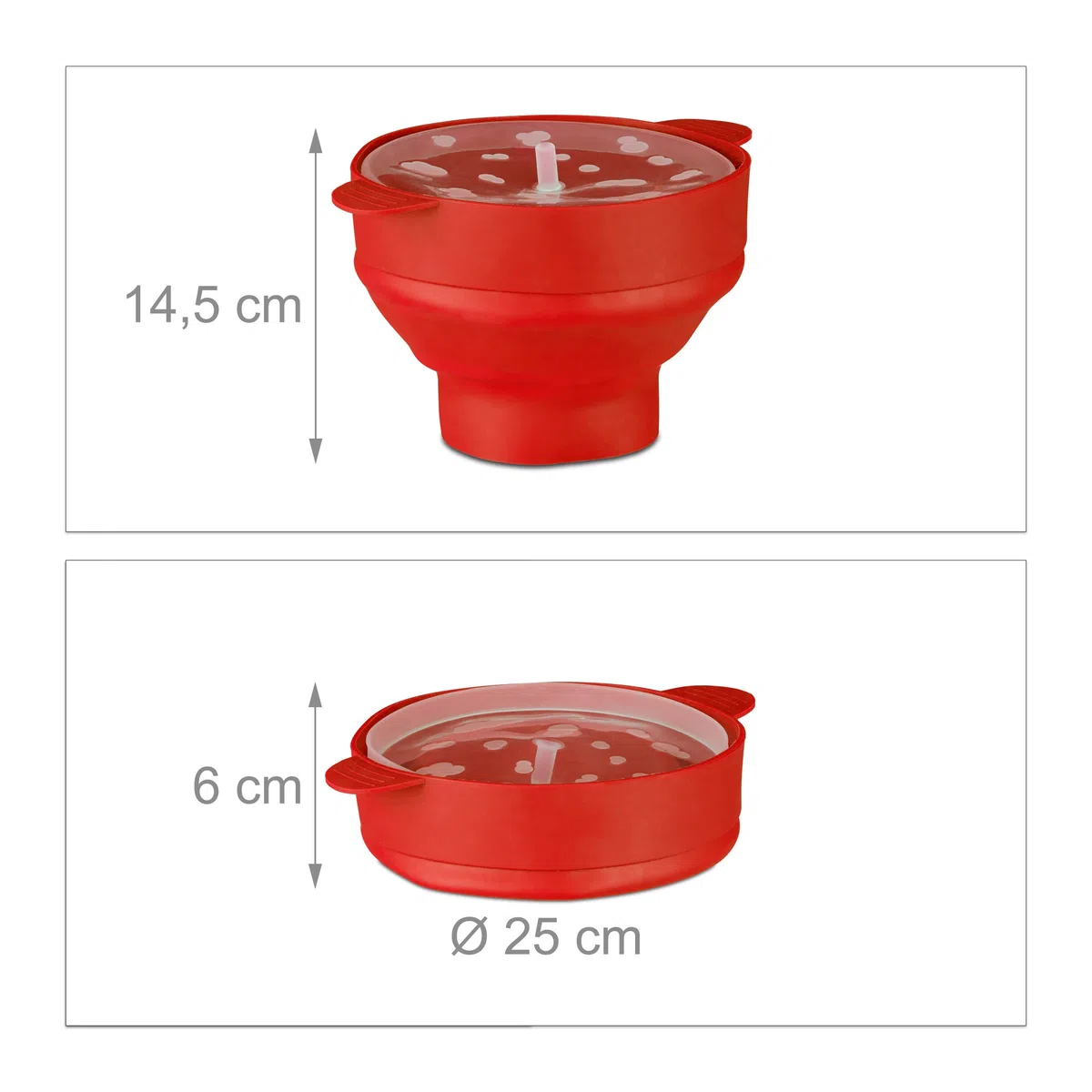 Relaxdays Palomitero Microondas, Recipiente Palomitas, Silicona, sin Aceite, sin BPA, 14.5 x 25.5 x 25.5 cm, Rojo