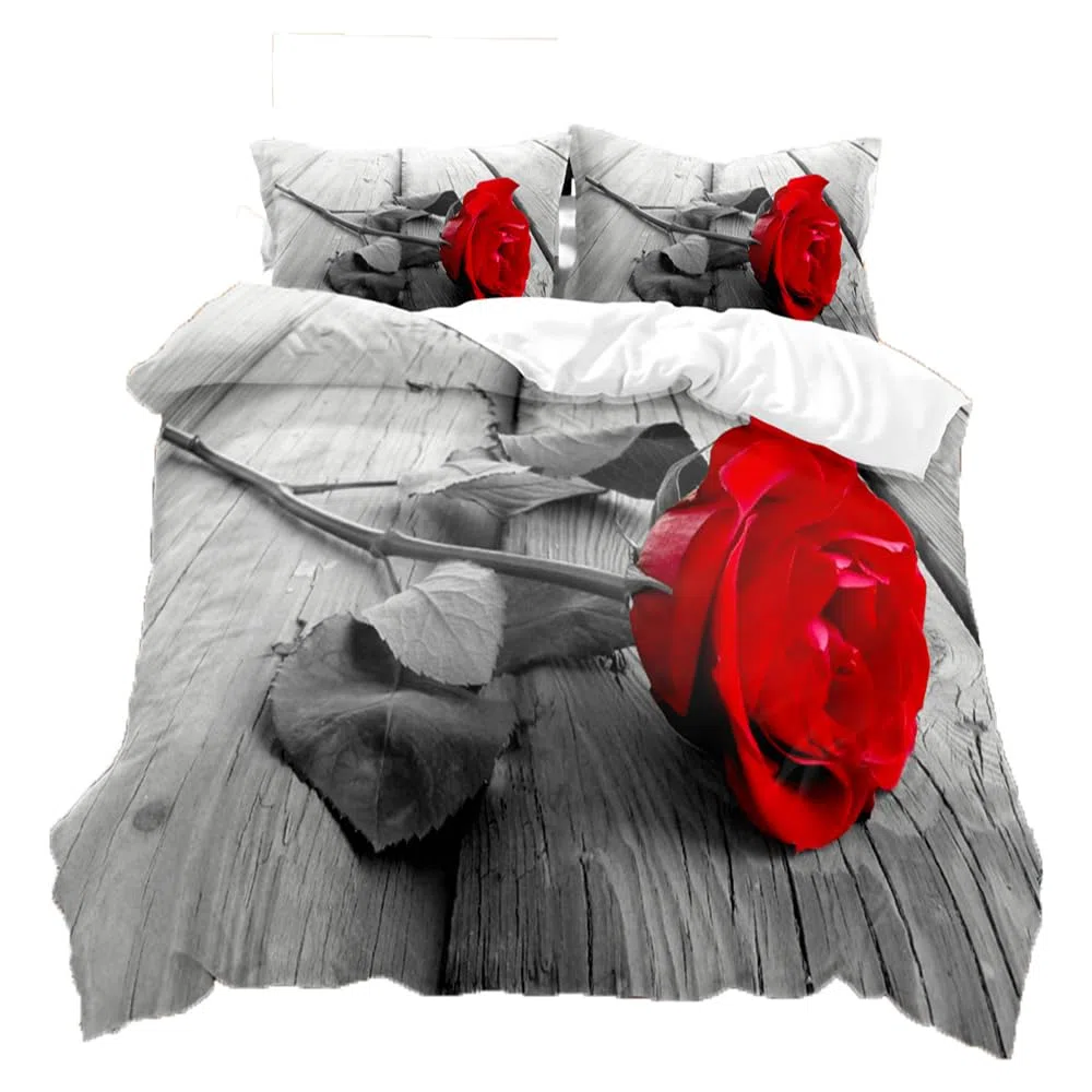 Funda Nórdica Floral Rojo Rosa, Ropa de Cama Creativa 3 Piezas, Corazón Pétalo de Rosa, Señoras 3D Amor (A, 135 x 200 cm)