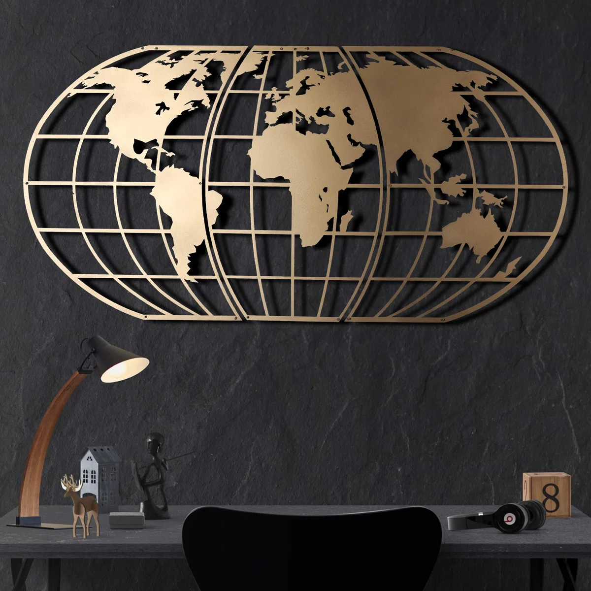 Tubibu Arte de pared moderno, 100 % metal, globo metálico de mapa del mundo, tamaño 23.6 x 47.2 pulgadas, colgante para sala de estar y dormitorio (dorado)