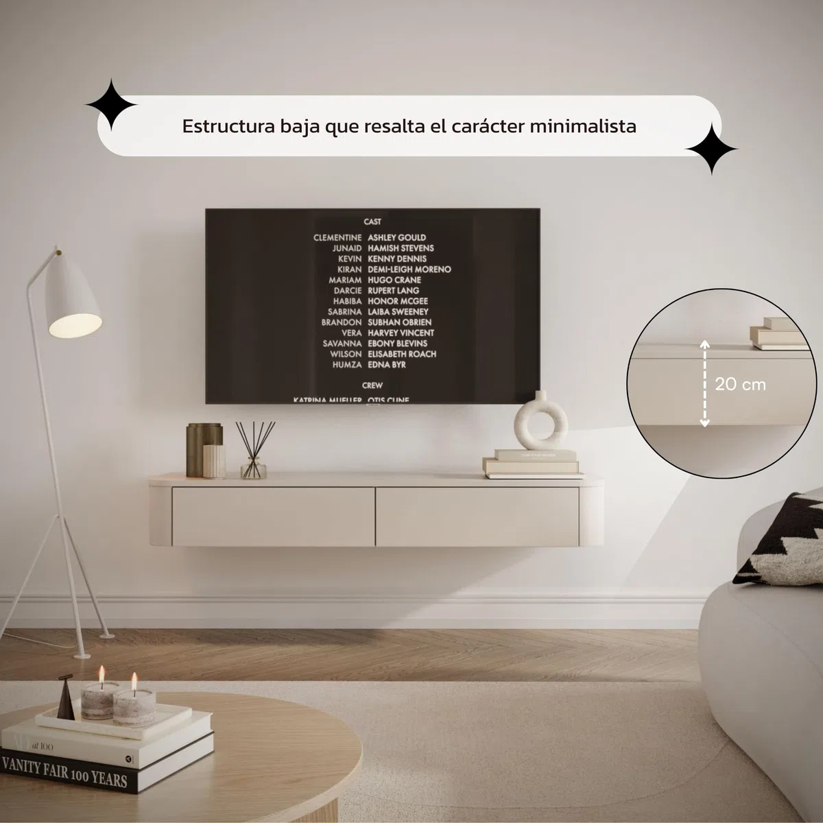 Selsey Mueble TV Suspendido Slim 140 cm Cashmere – Mueble de Salón Moderno para Televisión con Puertas Abatibles, Diseño Minimalista, Fabricado en Europa