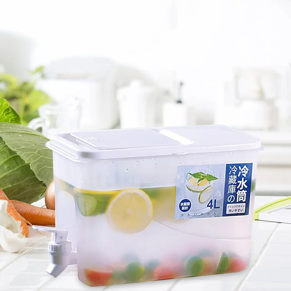 Dispensador de bebidas de 4 L con grifo, dispensador de agua para frigorífico con grifo, dispensador de bebidas de gran capacidad, plástico recargable, cubo de agua helada con tapa para bebidas frías