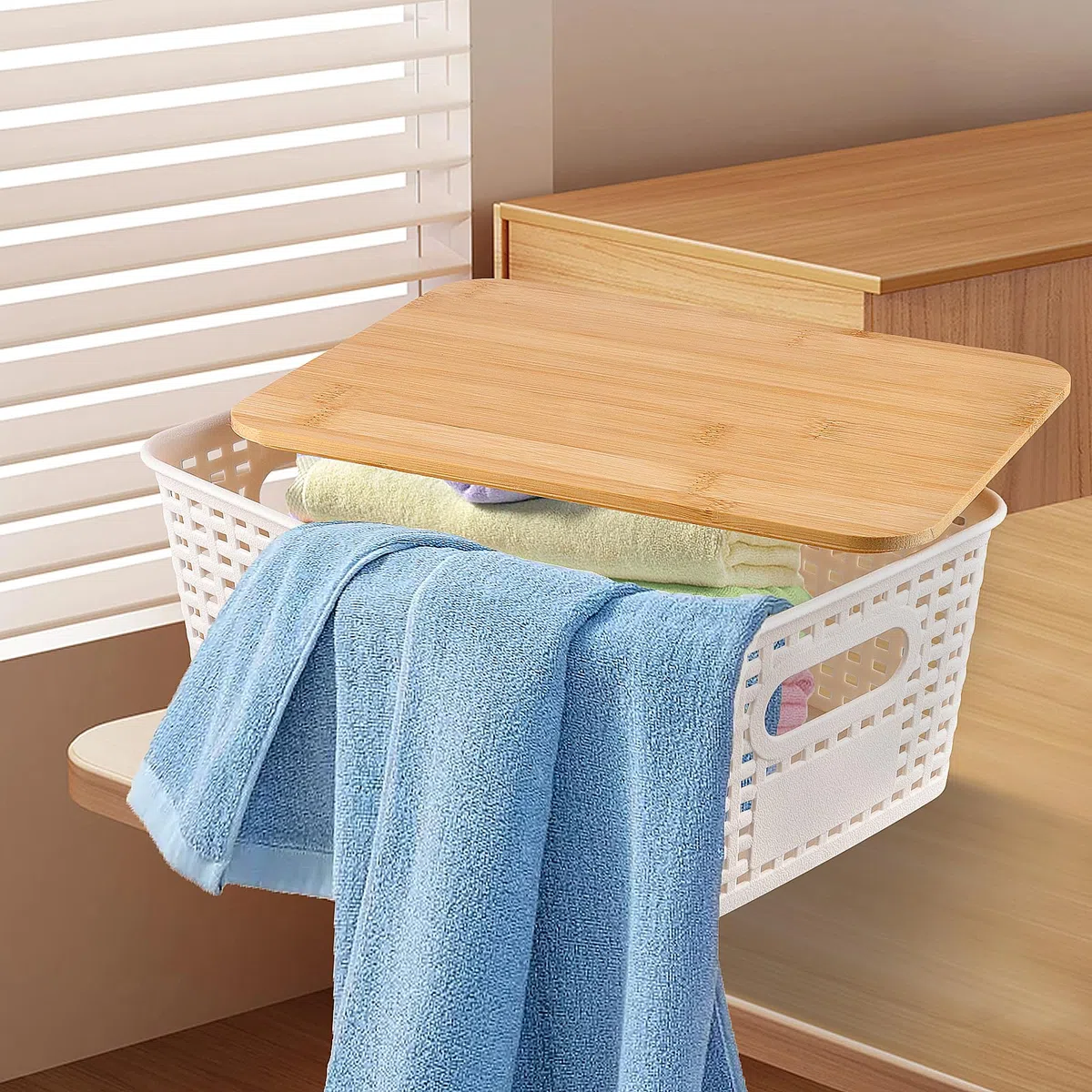 6 cajas de almacenamiento con tapa de bambú, 25 x 18 x 10 cm, caja de plástico blanca, cesta de ratán, apilable, con asa, para cocina y baño