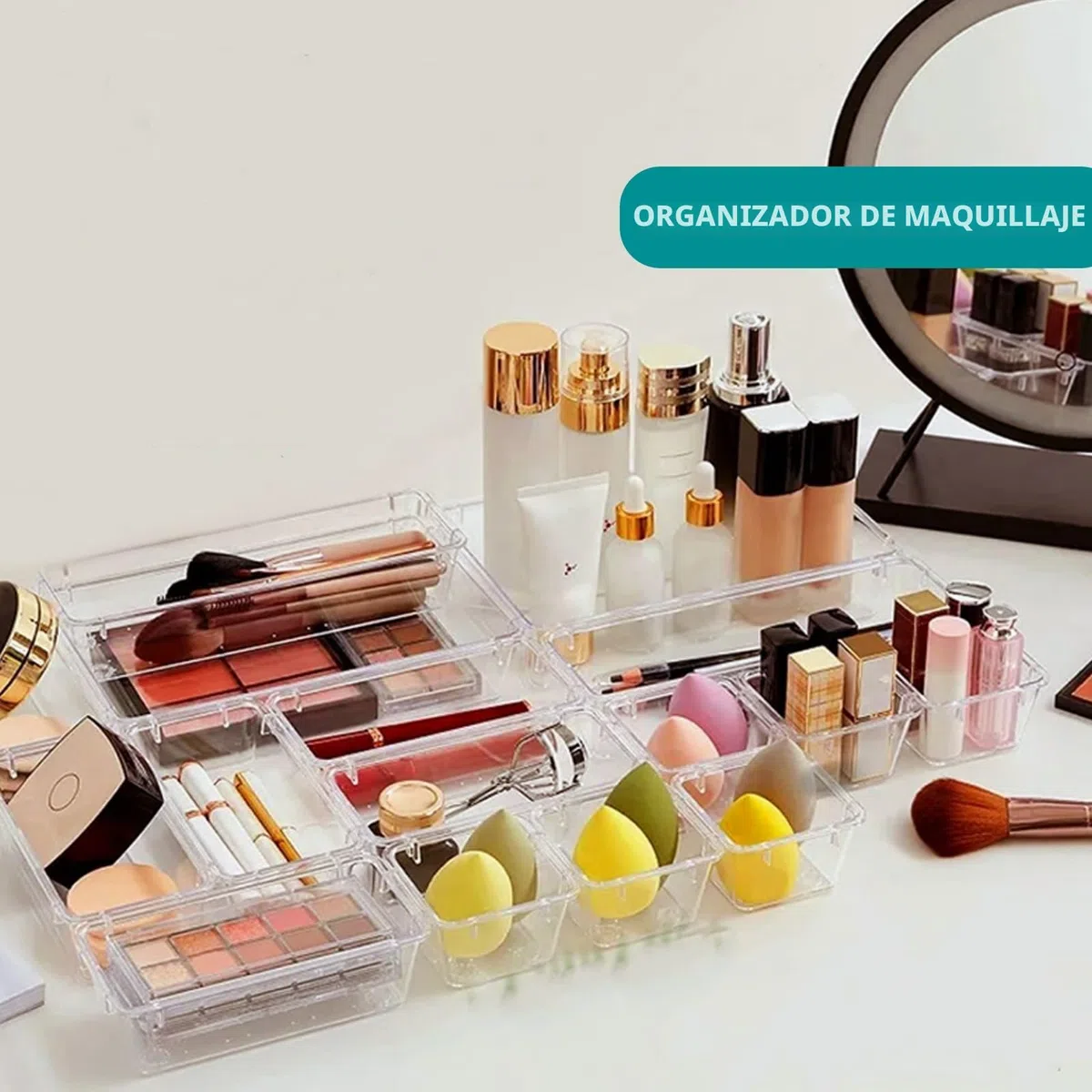 36 Piezas Organizadores de Cajones de Plástico Transparente, Organizador Maquillaje Organizador Cajones Escritorio de 4 Tamaños,Bandejas de Almacenaje Para Joyas, Oficina, Cocina,Baño
