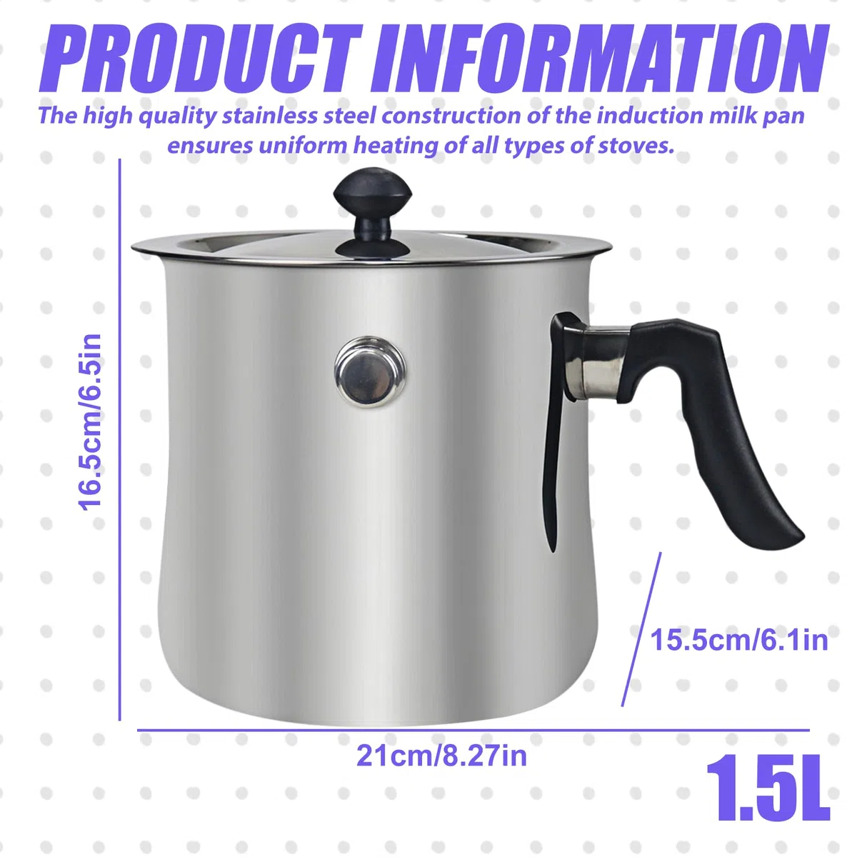 Olla para leche de inducción de doble pared, 1,5 litros, acero inoxidable, con vertedor y tapa de cristal, 15 cm de alto, con mango de plástico antideslizante, apta para todo tipo de fuegos