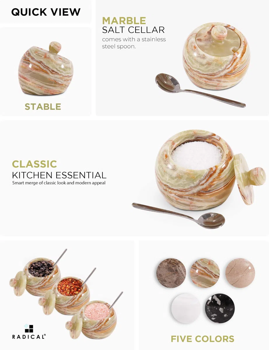 Radicaln Caramelo de sal de mármol con forma de manzana y cuchara de 7,6 cm, ónix verde, hecho a mano, recipiente para sal de cocina, moderno salero con tapa, caja de sal con tapa y tarro de especias