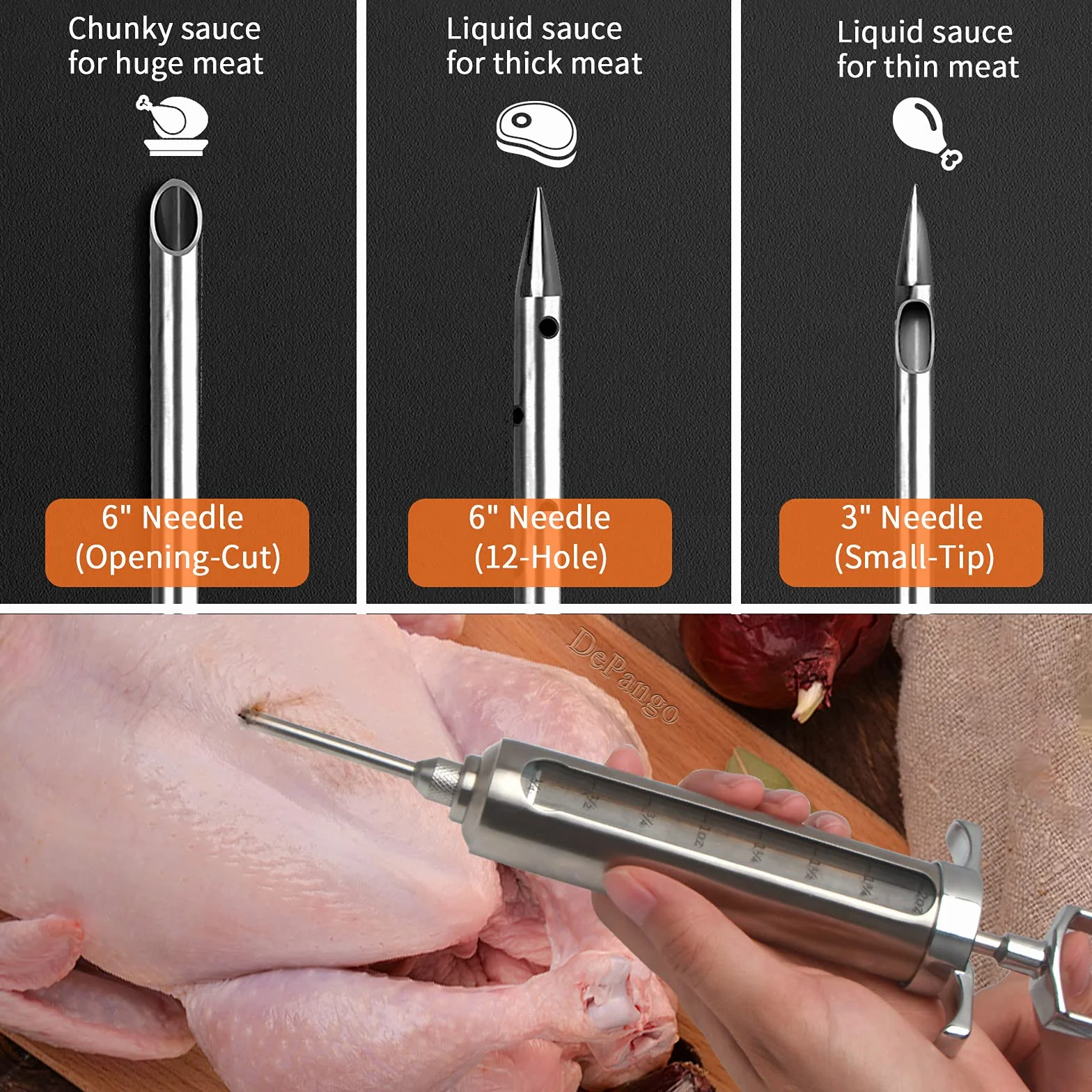 DePango Jeringuilla Cocina, Jeringa de Carne de Acero Inoxidable, 60ml Kit Jeringa Cocina Inyector de Adobo con 3 Agujas de Carne para Carne de res/bistec/cerdo/pollo/pavo a la barbacoa BBQ