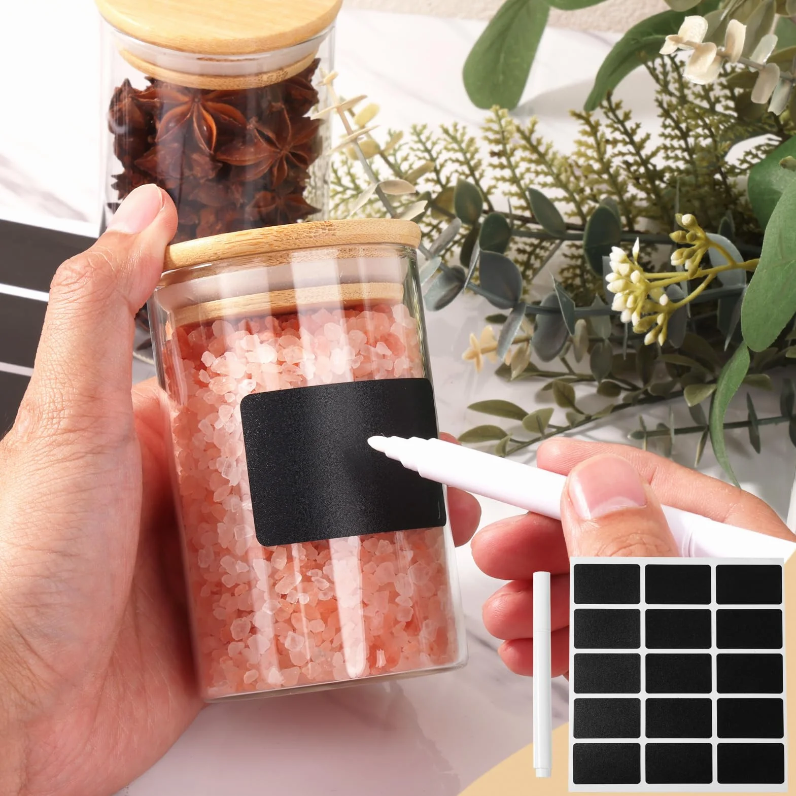 FoiiLiio Botes Especias Cristal, 12 x 250ml Redondos Tarros Especias con Tapas de Bambú, Frascos Especiarias Spice Jars, Botes para especias con Etiquetas