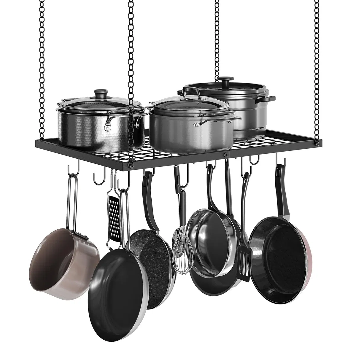CHOEZON Estante colgante para ollas, colgador de ollas montado en el techo para cocina, organizador de almacenamiento de utensilios de cocina de metal con 12 ganchos, para almacenamiento de utensilios