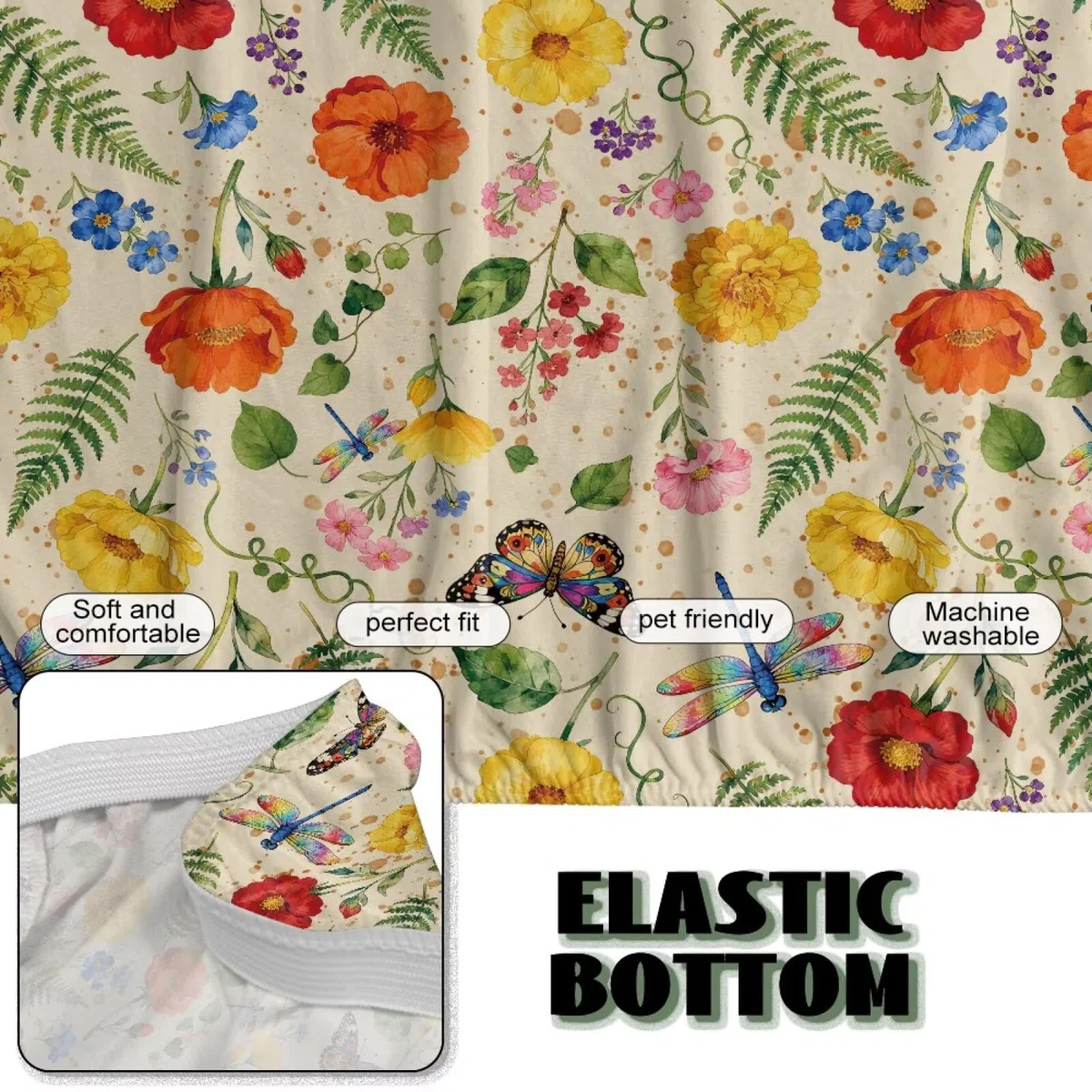 Xoenoiee Funda para futón, funda de sofá sin brazos, funda elástica para sofá, funda de sofá lavable, protector de muebles, mariposa y libélula floral
