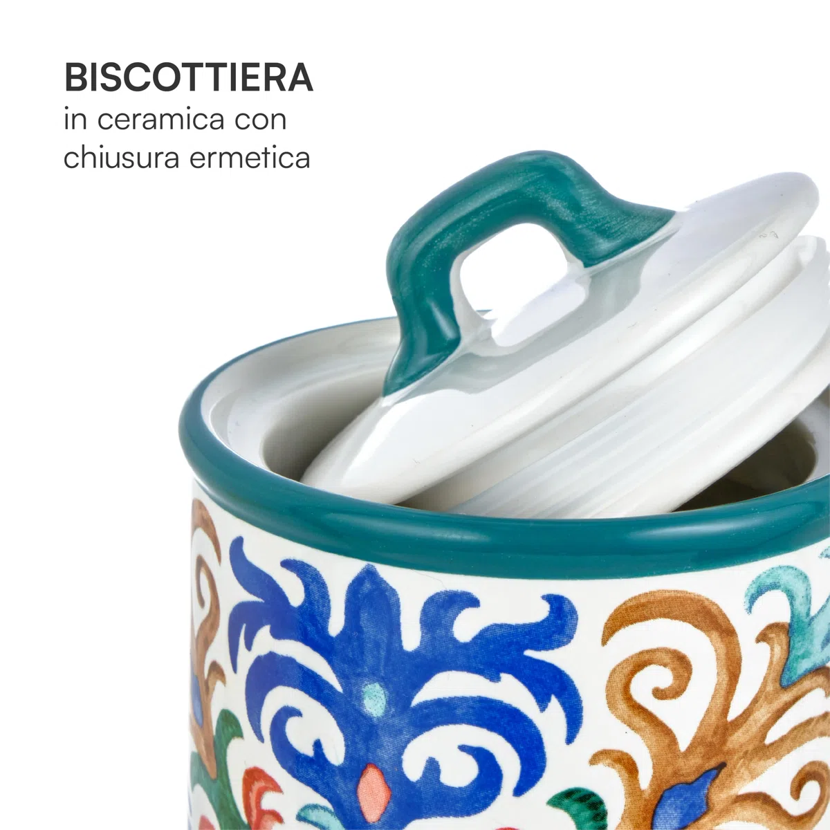 Baroni Home Bote de Cerámica Decorado para Galletas, Recipiente de Cocina con Tapa Hermética para Conservar el Aroma, Portacebollas en Polvo de Calidad, Línea Capri, 13x13x20 cm