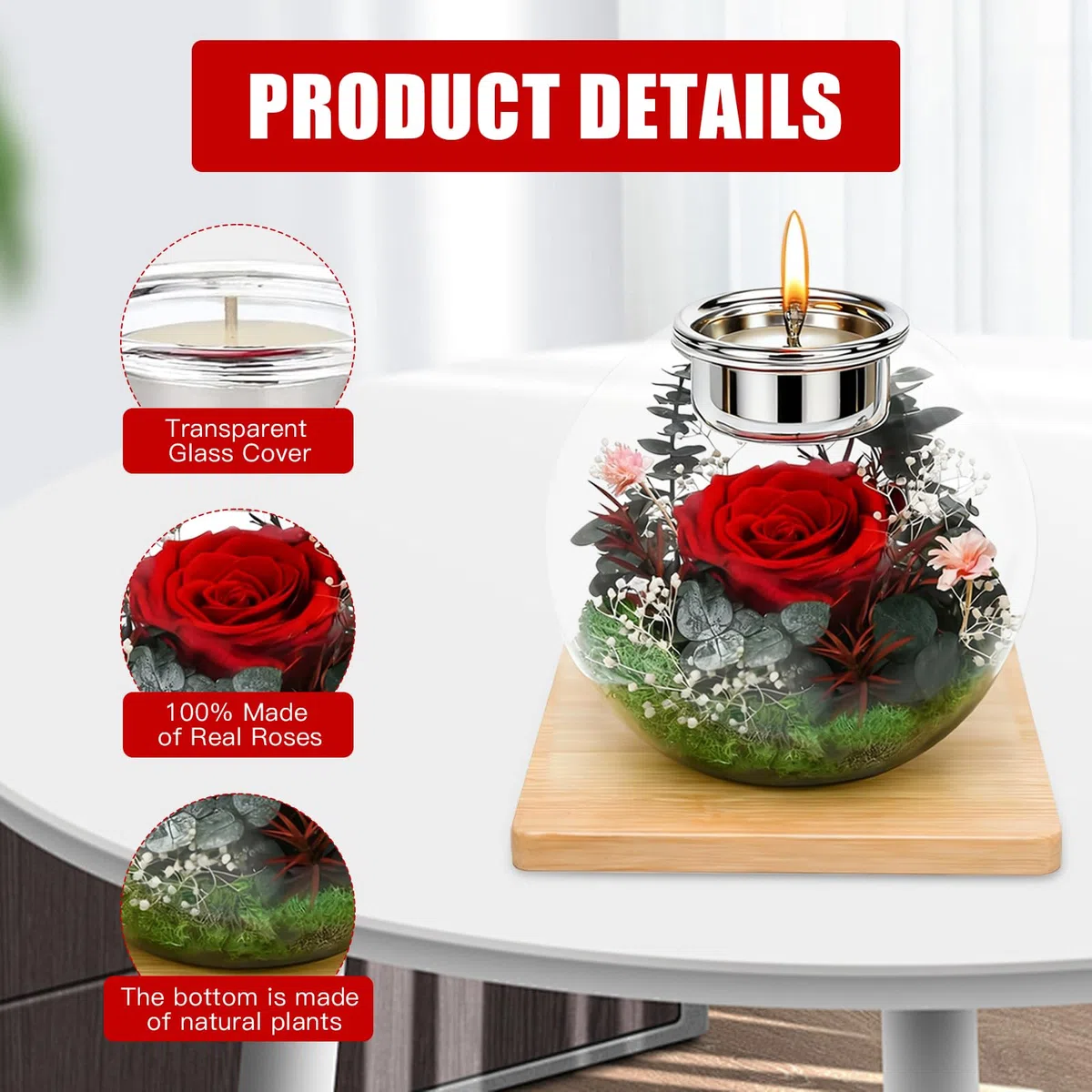 Rosa eterna en cristal, regalos para mujeres, flores conservadas para mujeres, mamá, novia, contacto redondo de cristal con 18 velas perfumadas, regalo para Navidad, día de la madre, día de San