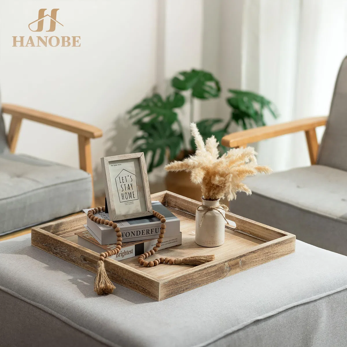 Hanobe Bandeja otomana grande para servir: bandejas de madera para mesa de centro con asas de 20 pulgadas para sala de estar, decoración otomana rústica cuadrada extra grande de gran tamaño para | Decoración cuadrada grande rústica de gran tamaño para sal