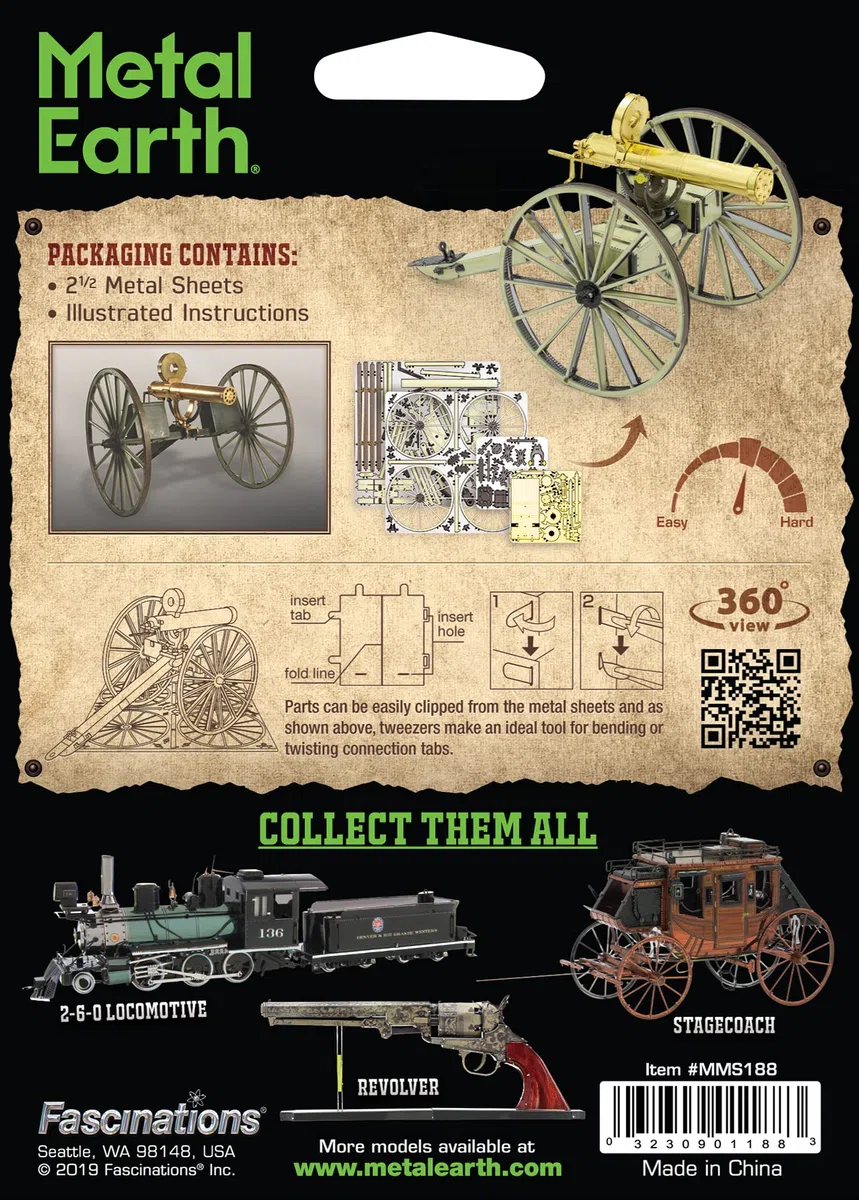 Fascinations Metal Earth Wild West Gatling Gun 3D Metal Model Kit Kit con pinzas