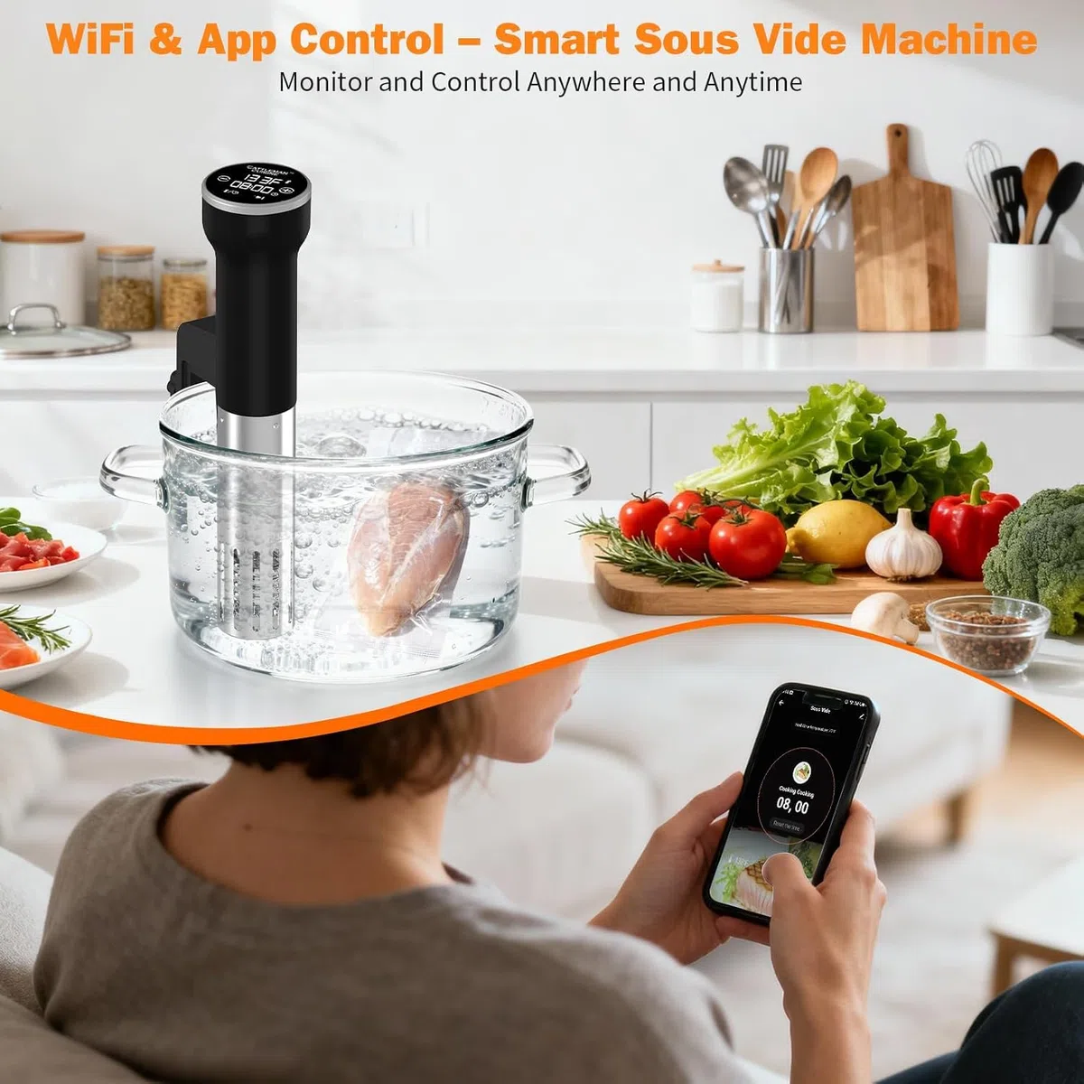 Sous Vide Machines Wi-Fi, circulador de inmersión, cocina precisa, sous-vide con control táctil preciso de temperatura y temporizador, 1000 W, portátil, sin ruido, calentamiento rápido