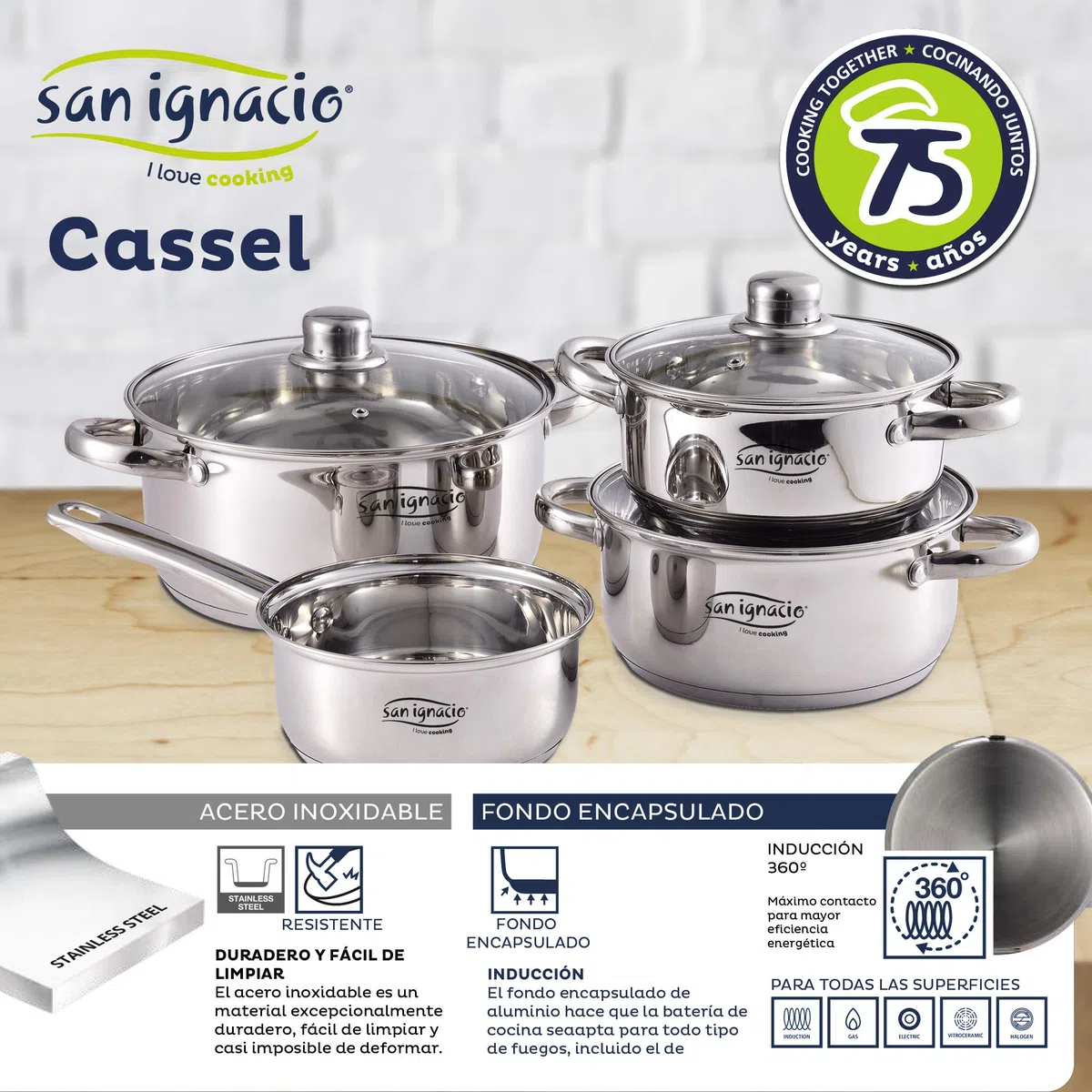 San Ignacio Bateria 7pcs acero inoxidable: Cazo sin tapa Ø16 / Cacerolas con tapa Ø18 ; Ø20 y Ø24 (4.0L) y Set de 3 sartenes Ø16/20/24 cm, aluminio prensado