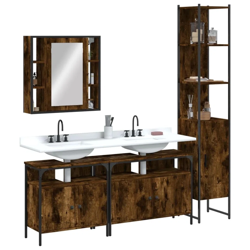 Juego de muebles de baño de madera ahumado de 4 piezas | Acero con recubrimiento en polvo, patas ajustables, espejo con estante, incluye soporte de pared
